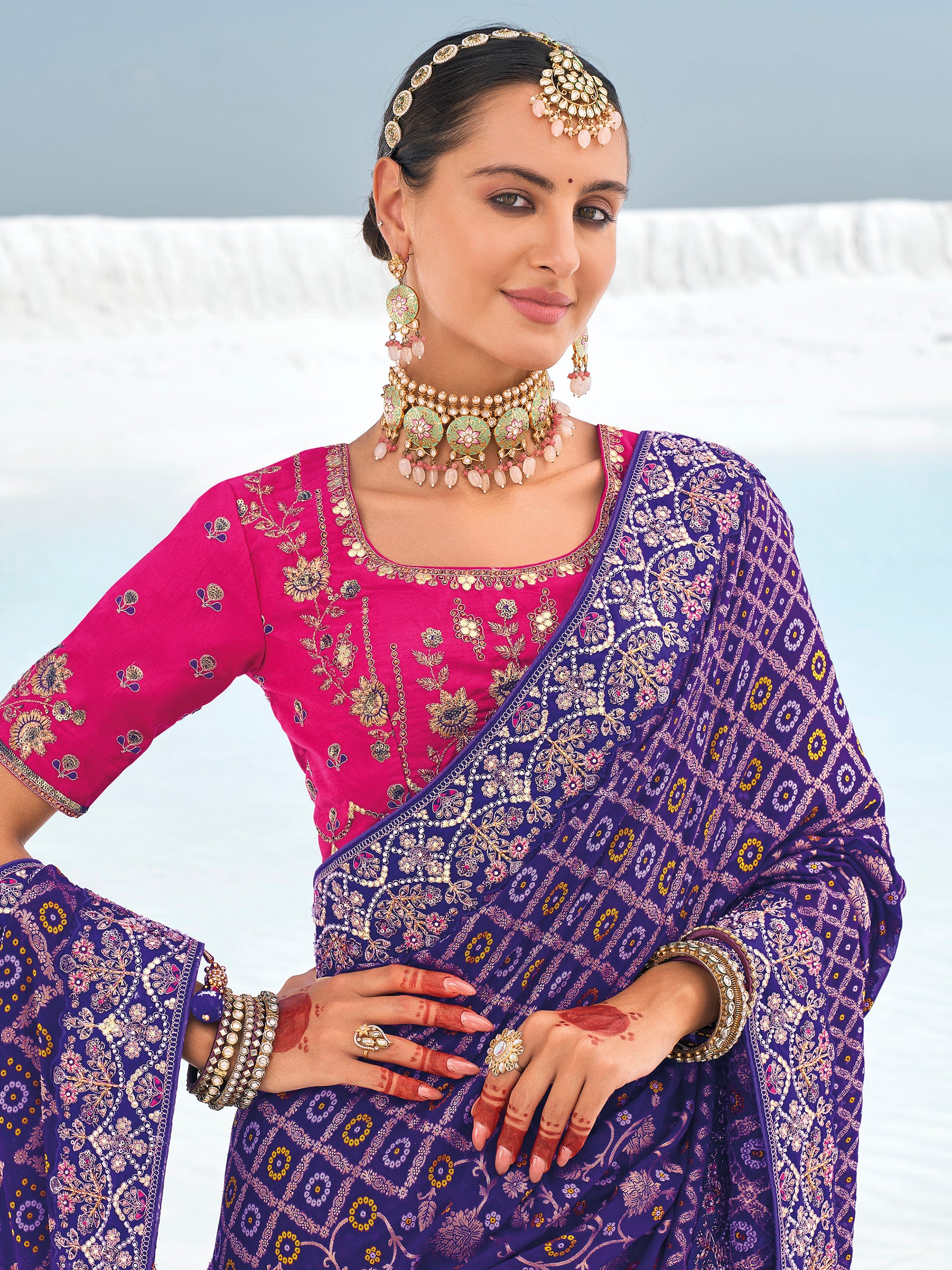Awesome Blue Bandhani Printed Georgette Festival Wear Saree