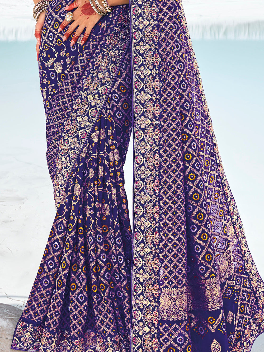 Awesome Blue Bandhani Printed Georgette Festival Wear Saree