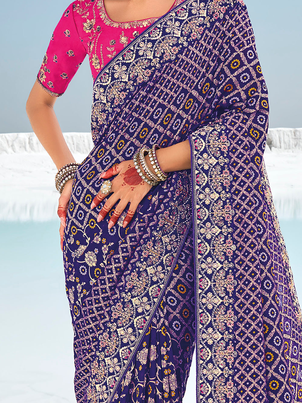 Awesome Blue Bandhani Printed Georgette Festival Wear Saree