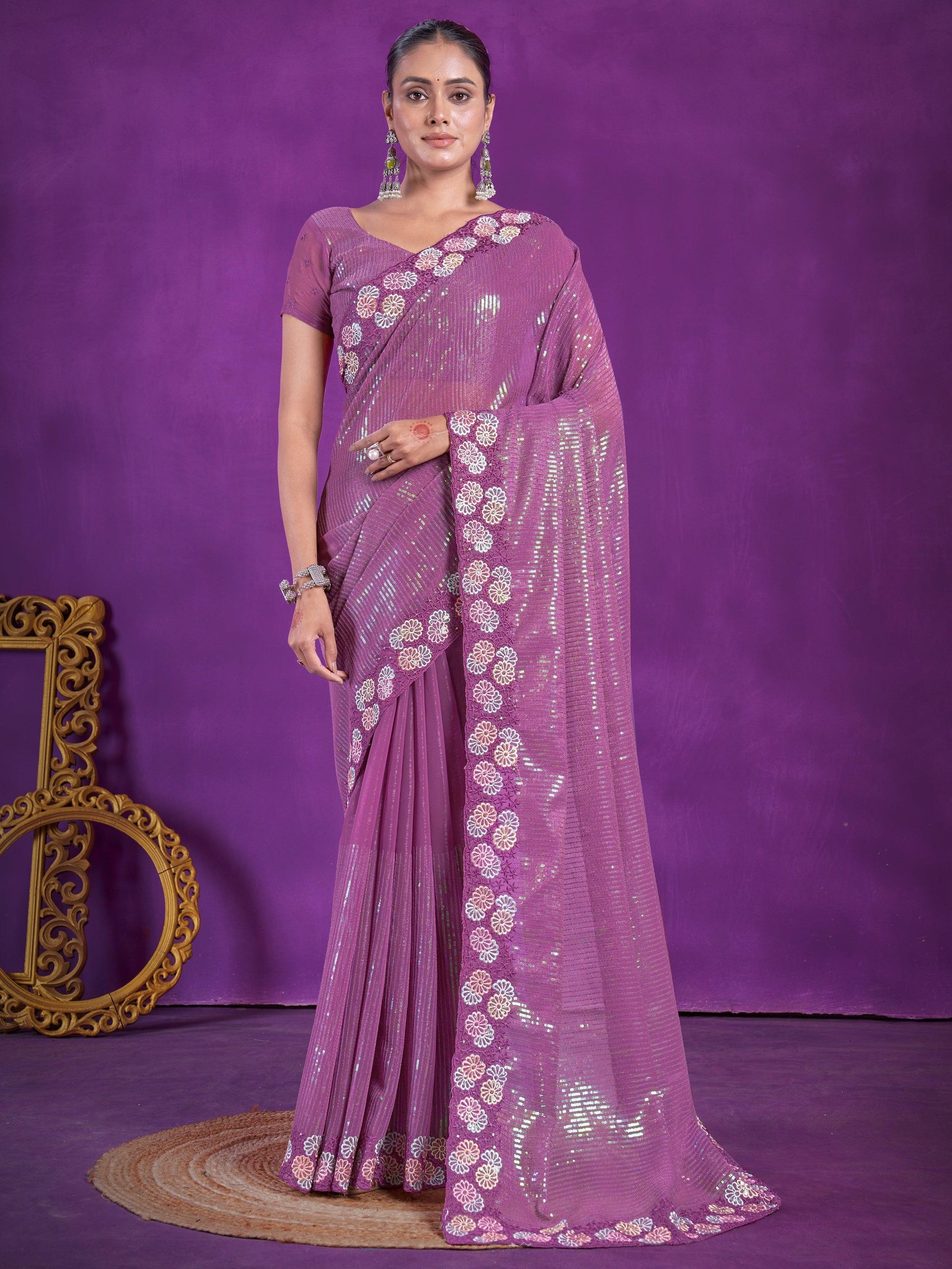 Enchanting Purple Sequins Organza Event Wear Saree With Blouse