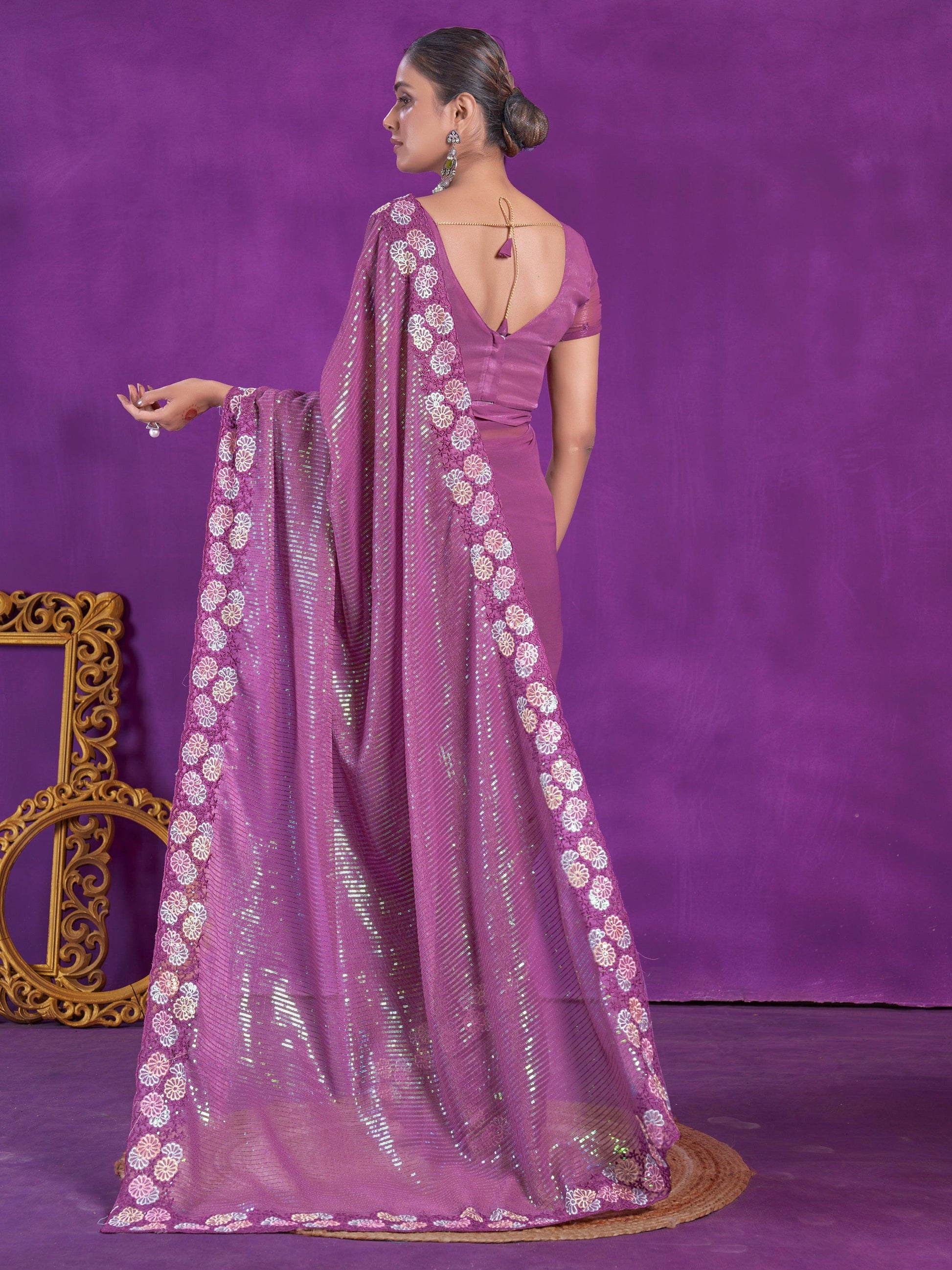 Enchanting Purple Sequins Organza Event Wear Saree With Blouse