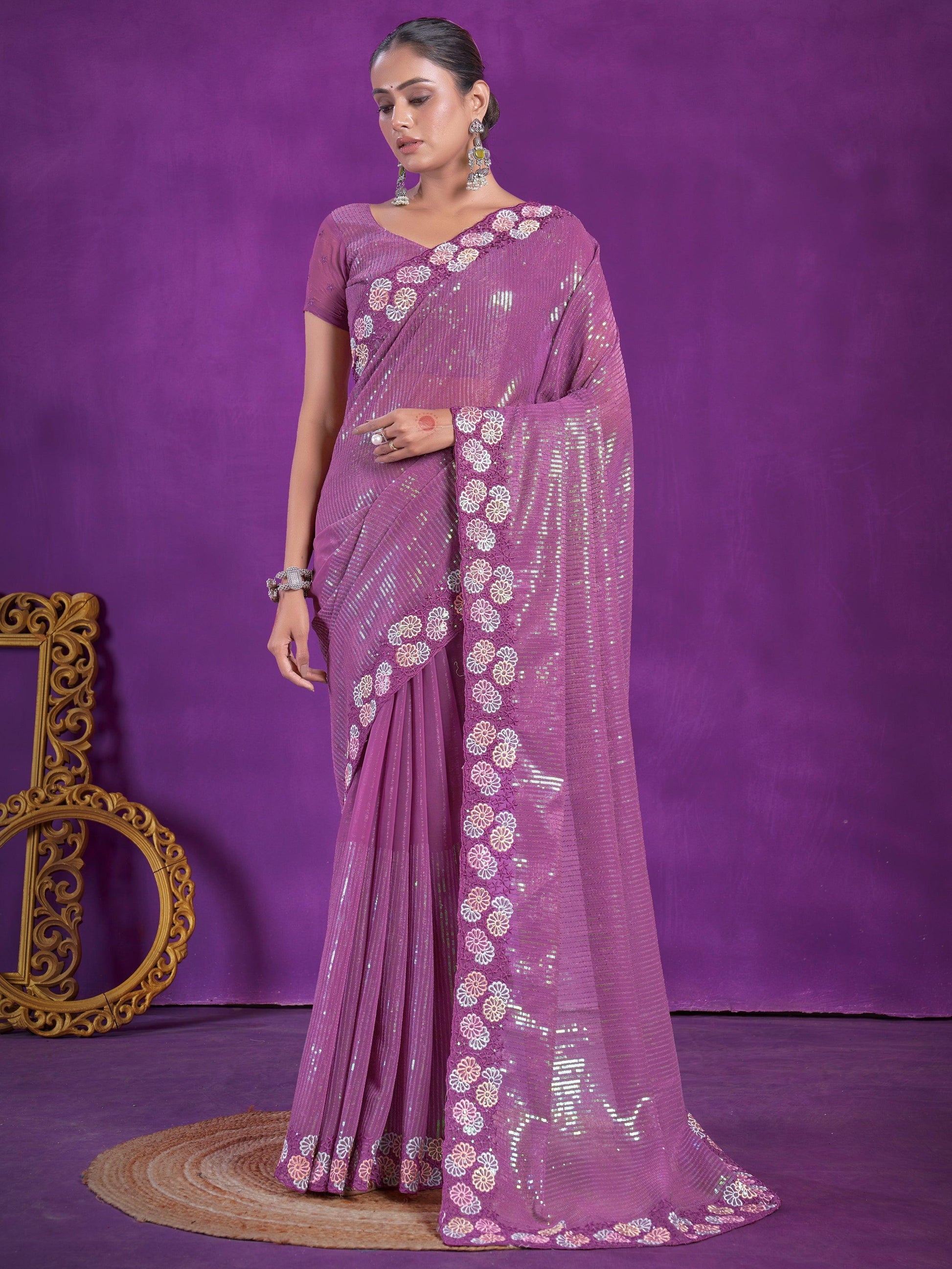 Enchanting Purple Sequins Organza Event Wear Saree With Blouse