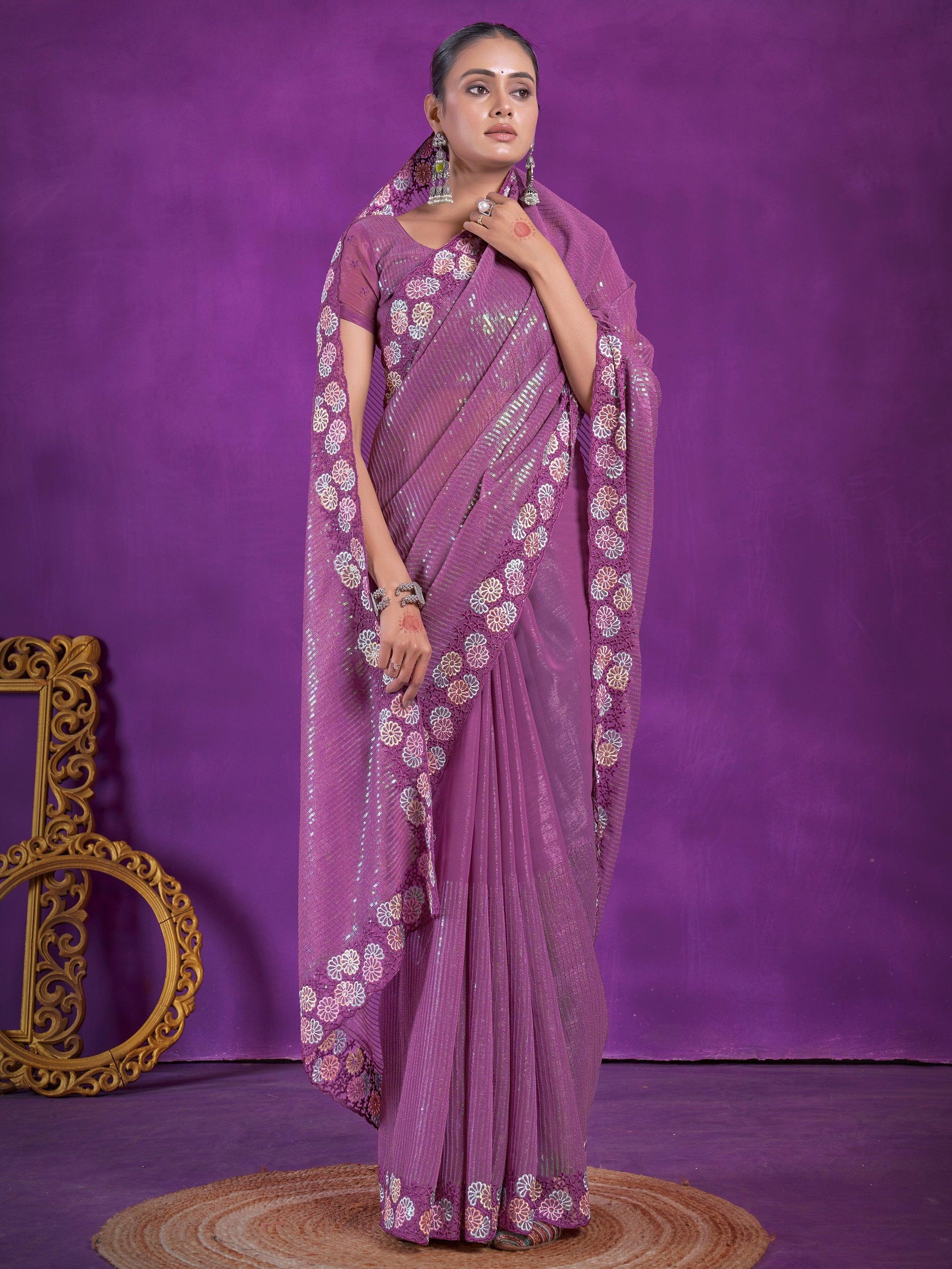 Enchanting Purple Sequins Organza Event Wear Saree With Blouse