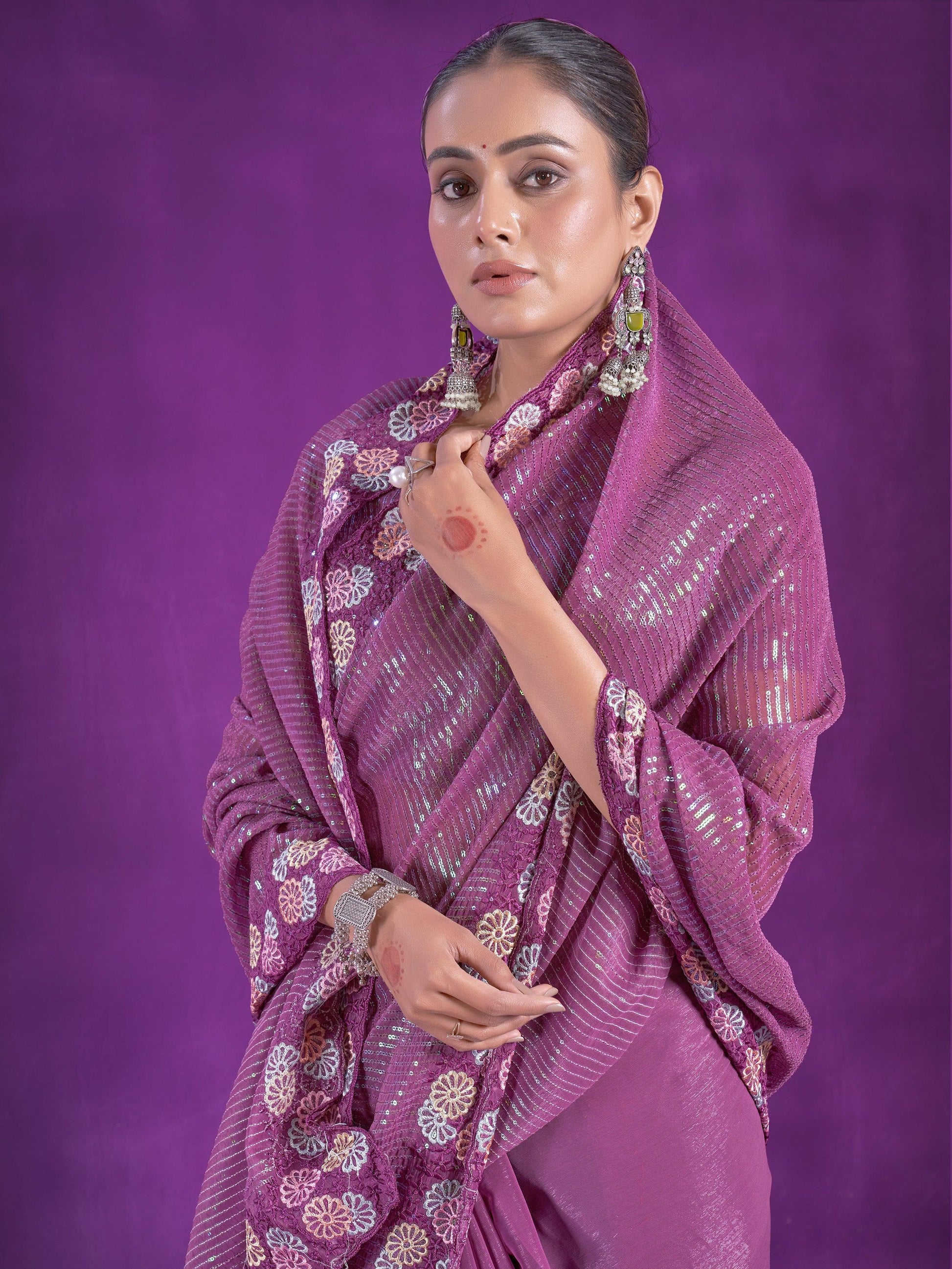 Enchanting Purple Sequins Organza Event Wear Saree With Blouse