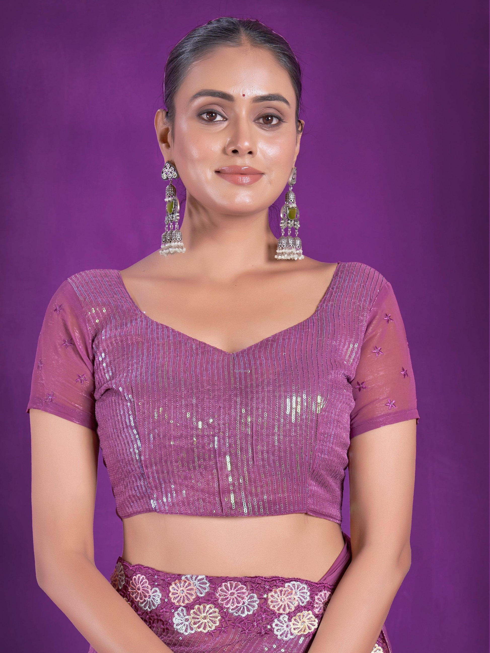 Enchanting Purple Sequins Organza Event Wear Saree With Blouse