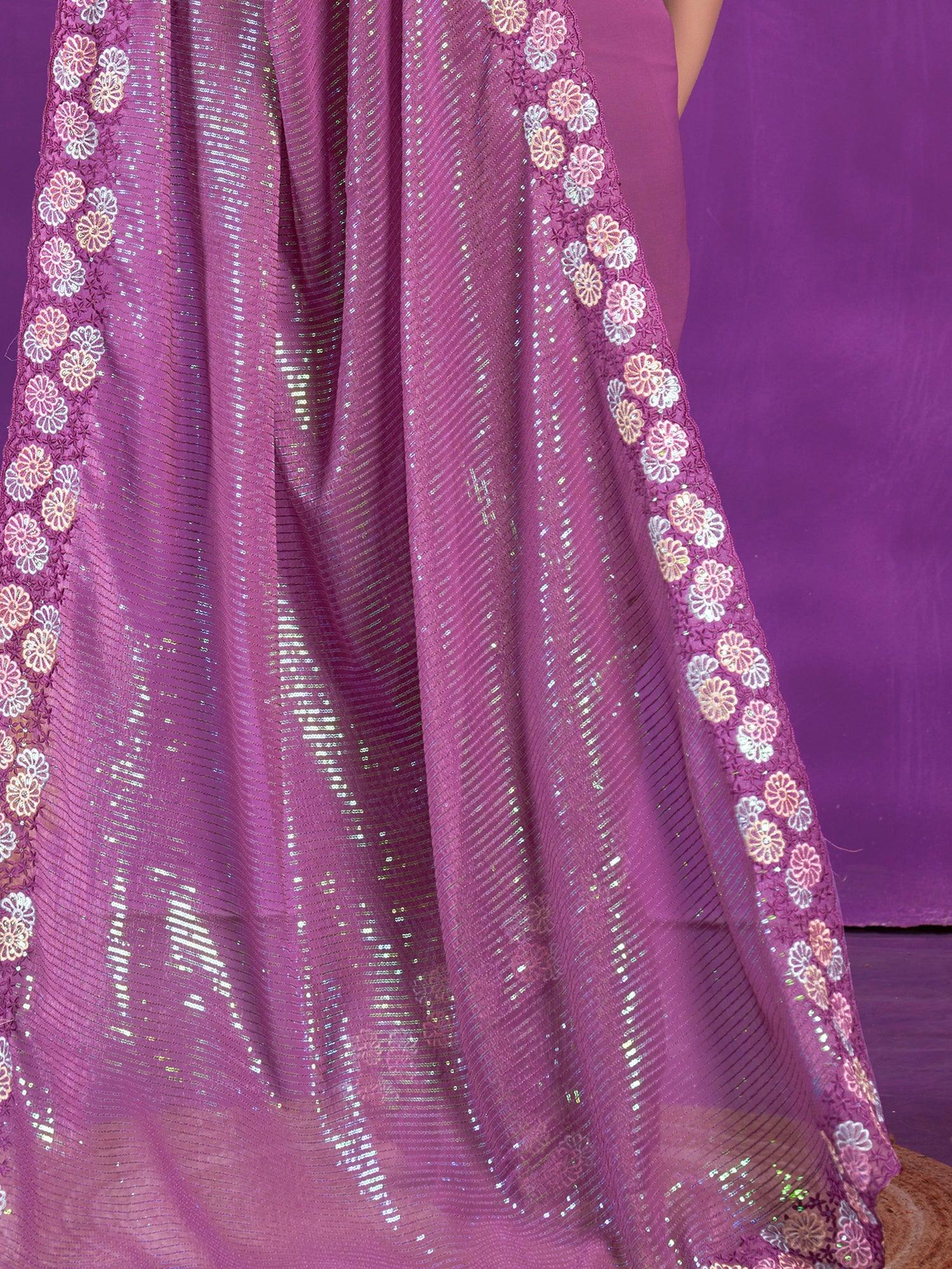 Enchanting Purple Sequins Organza Event Wear Saree With Blouse