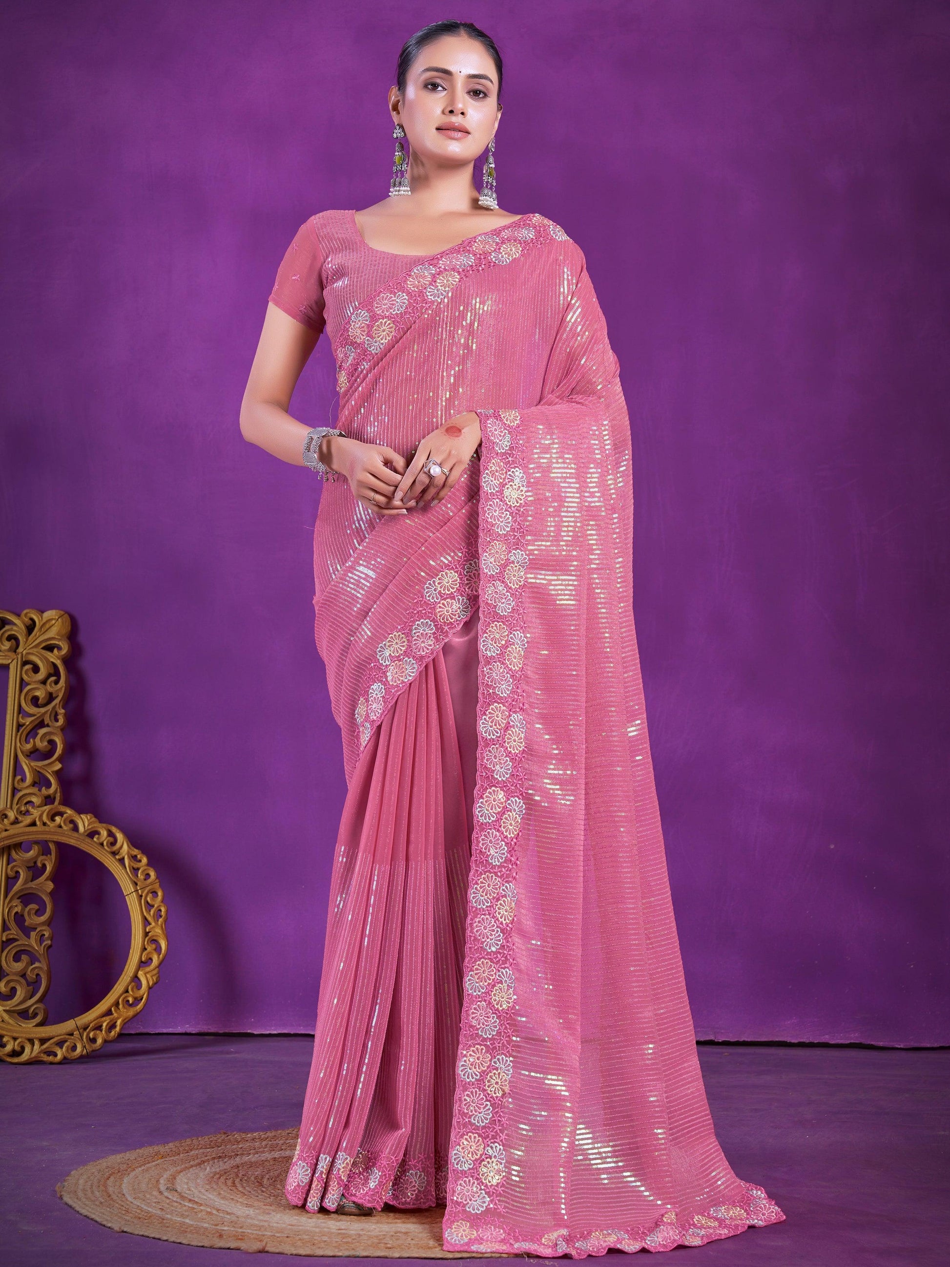 Glamorous Pink Sequins Organza Party Wear Saree With Blouse