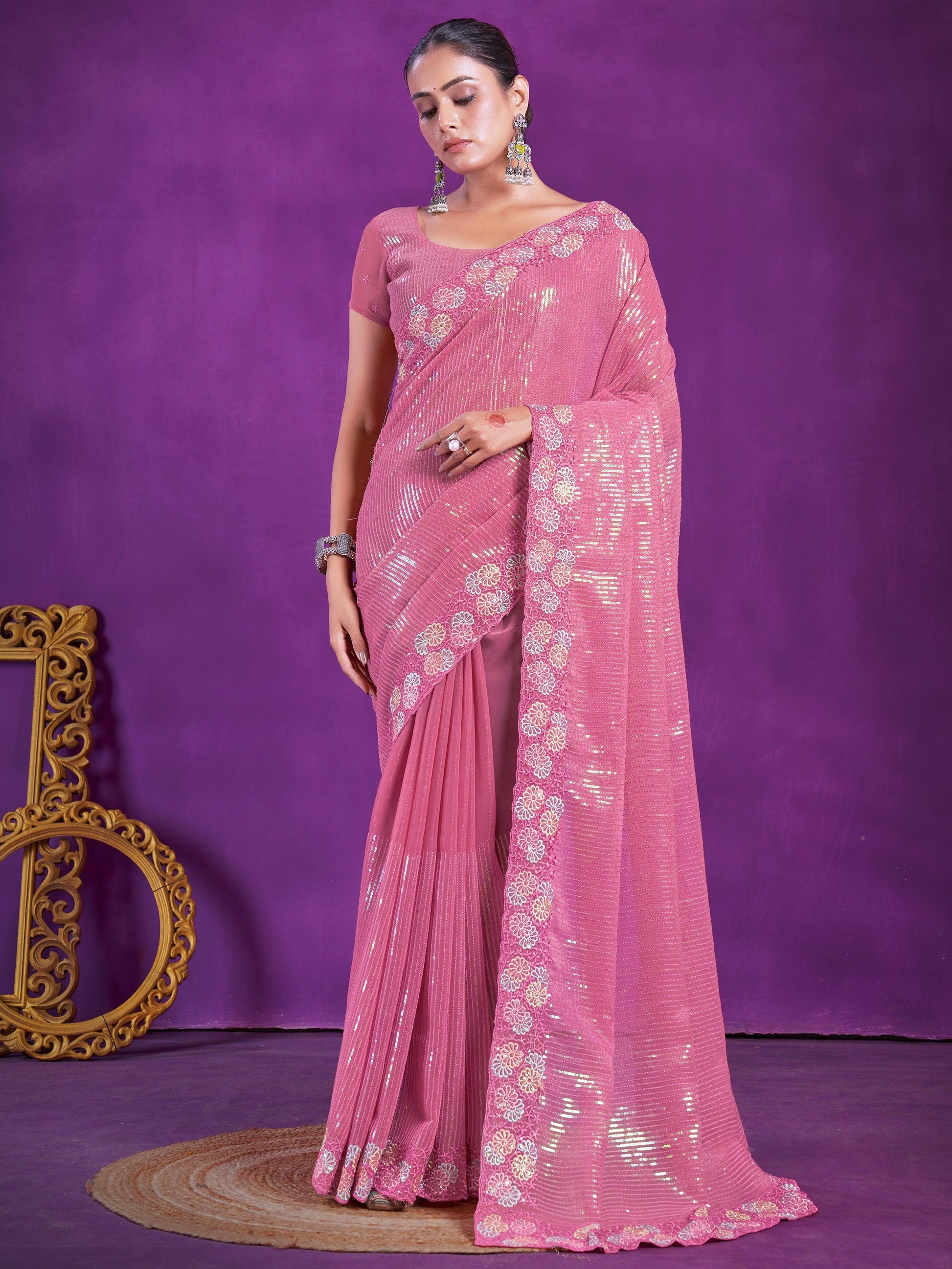 Glamorous Pink Sequins Organza Party Wear Saree With Blouse