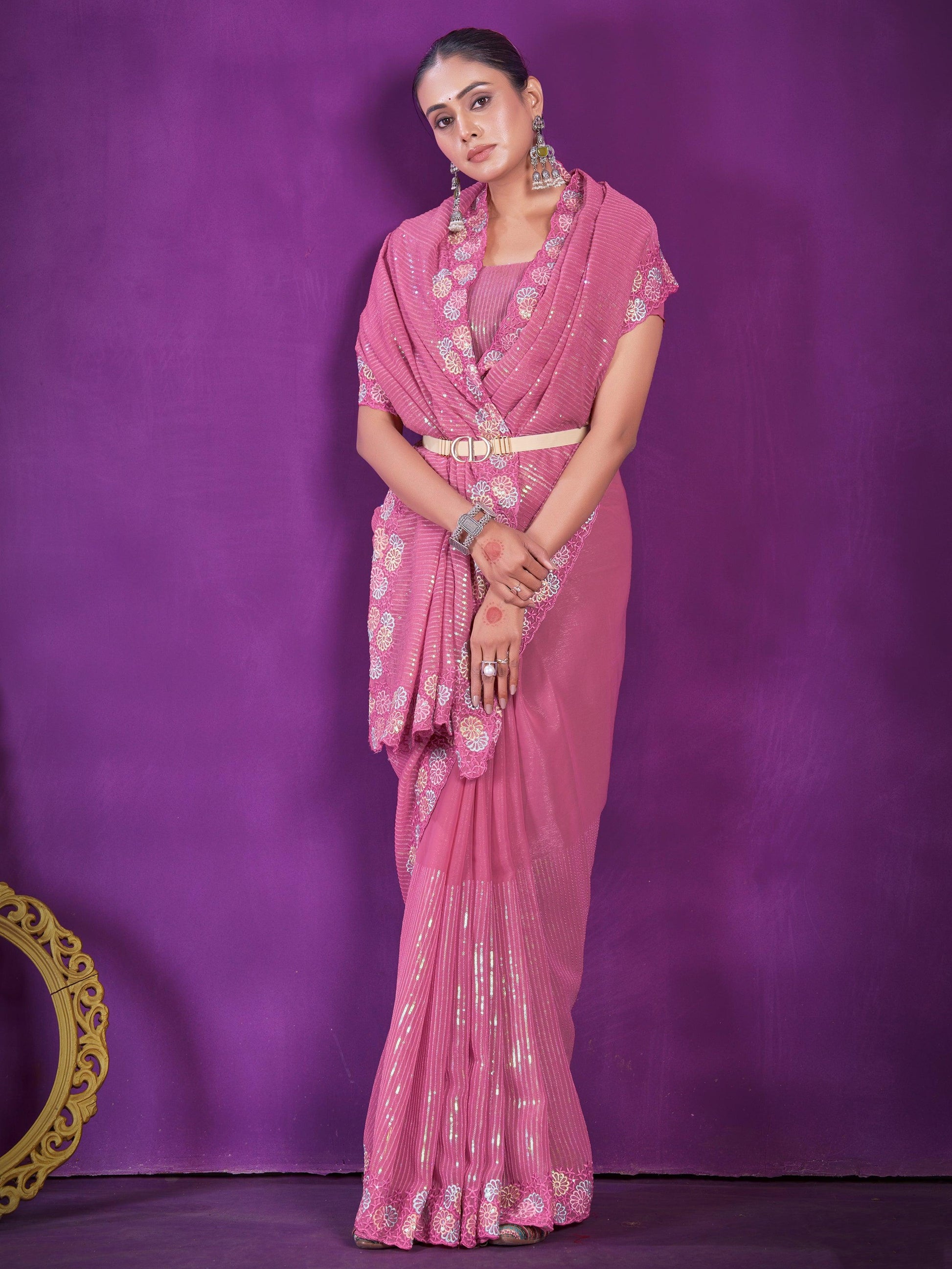 Glamorous Pink Sequins Organza Party Wear Saree With Blouse