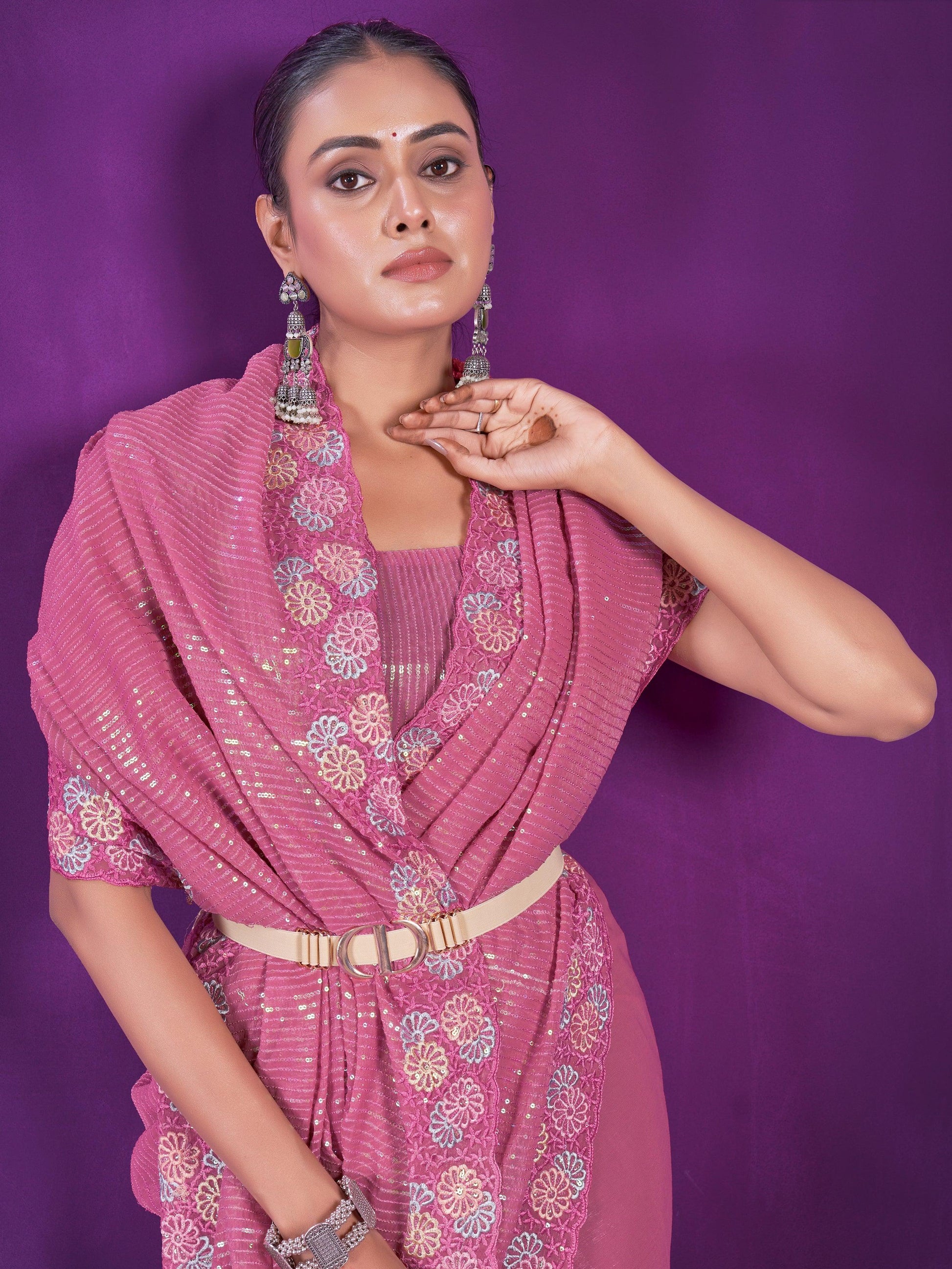 Glamorous Pink Sequins Organza Party Wear Saree With Blouse