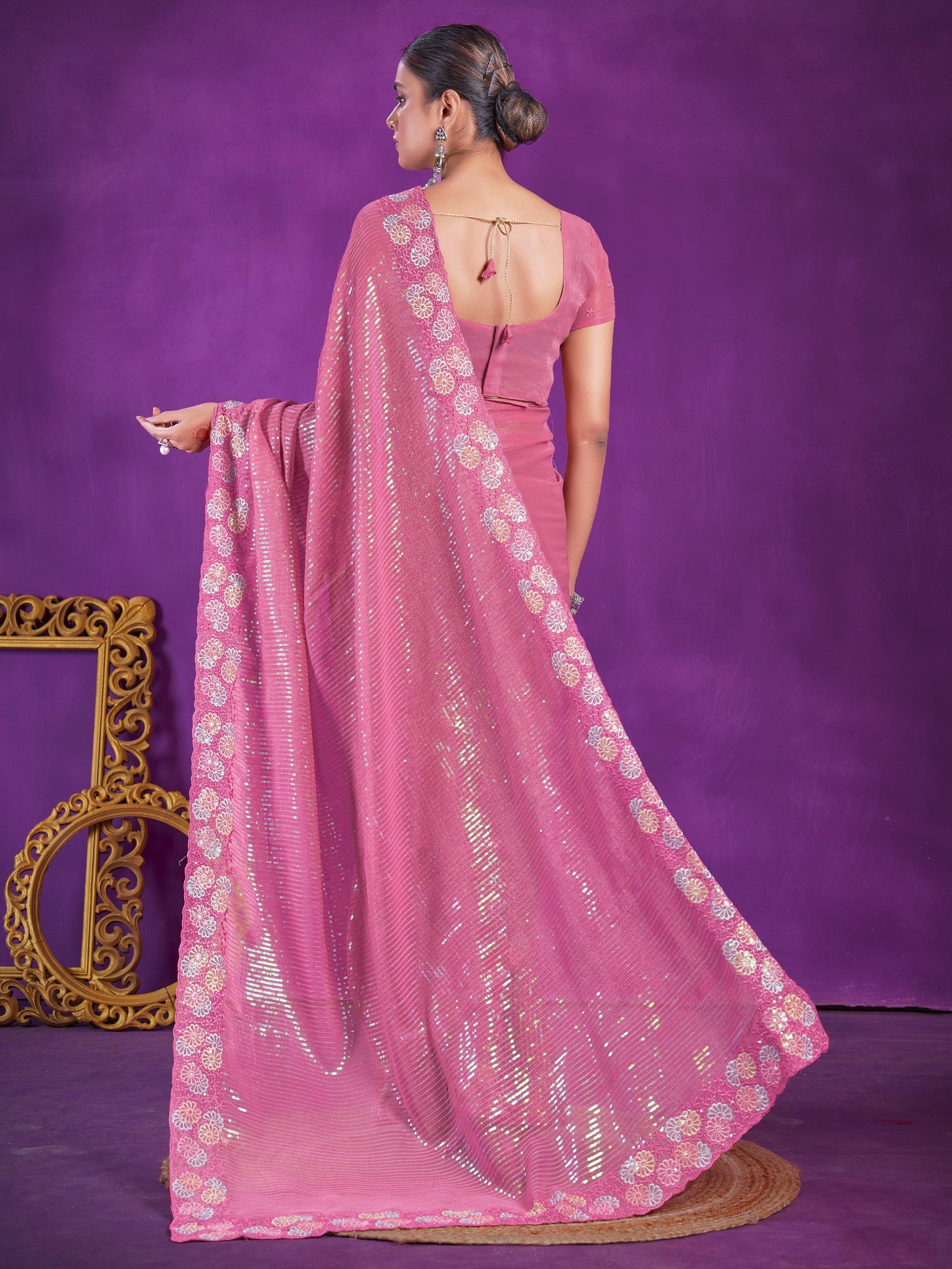 Glamorous Pink Sequins Organza Party Wear Saree With Blouse