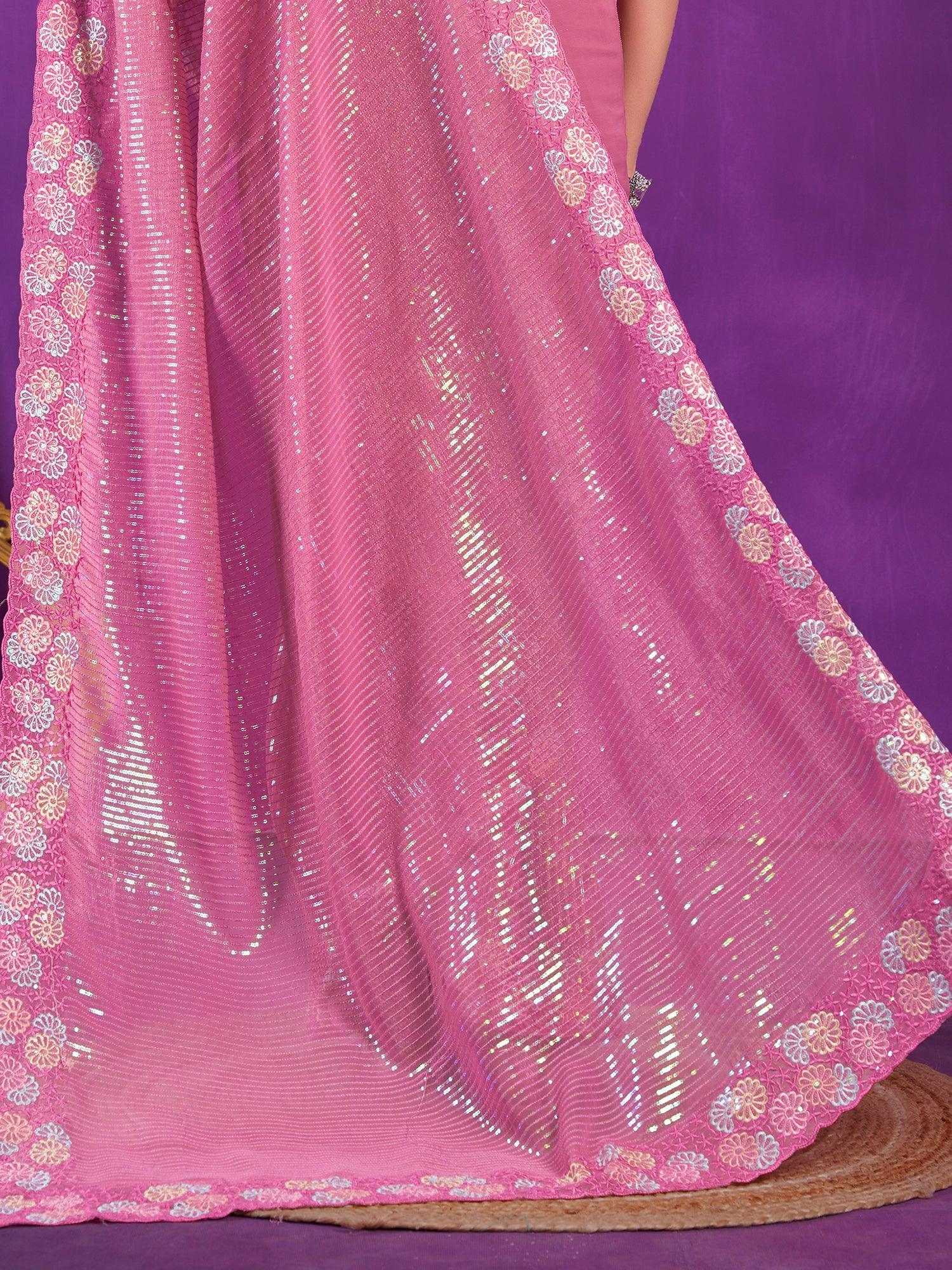 Glamorous Pink Sequins Organza Party Wear Saree With Blouse