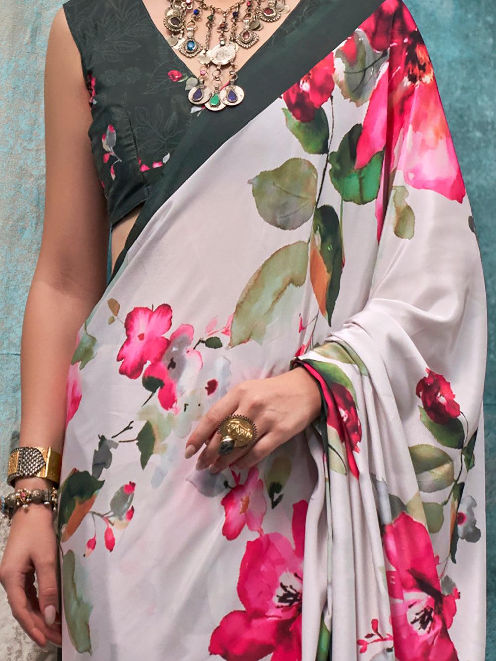 Attractive White Floral Printed Crepe Casual Wear Saree With Blouse