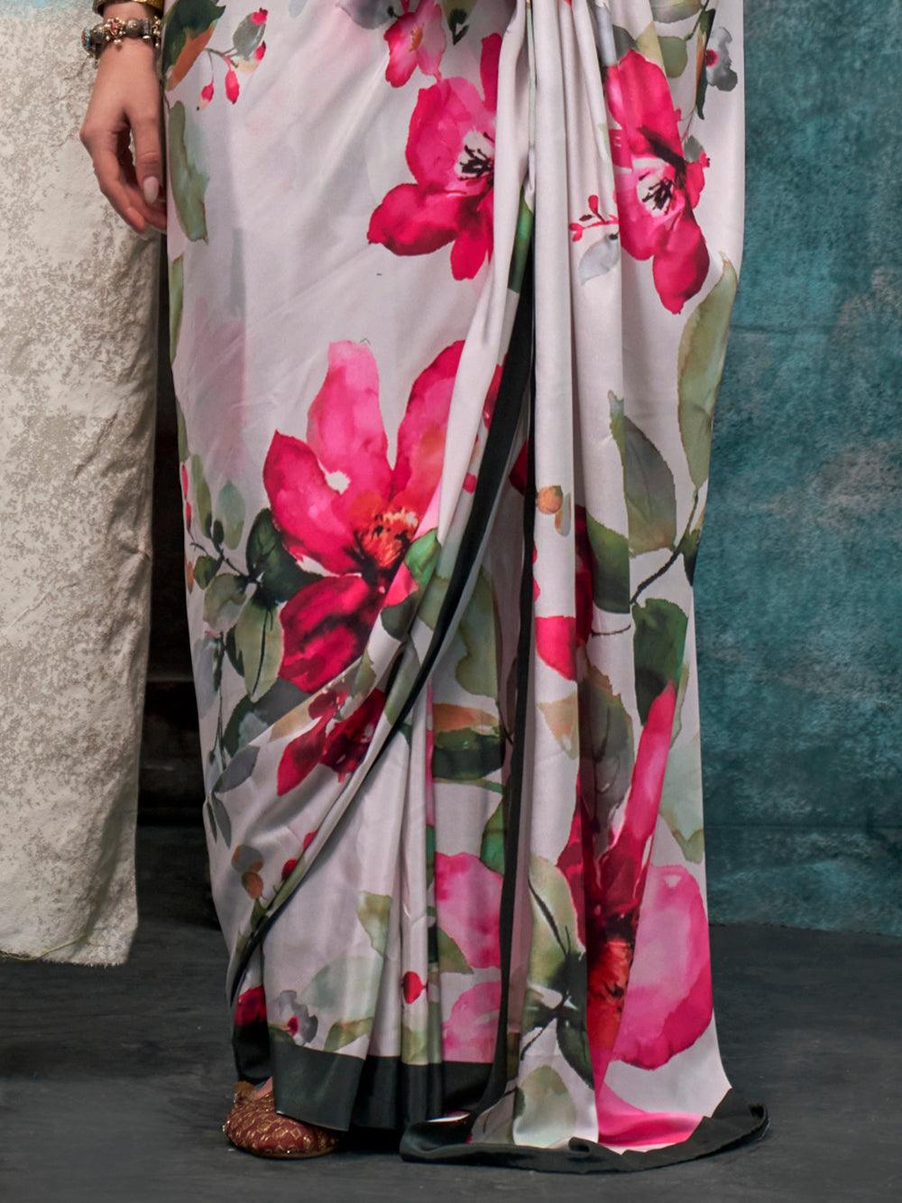 Attractive White Floral Printed Crepe Casual Wear Saree With Blouse