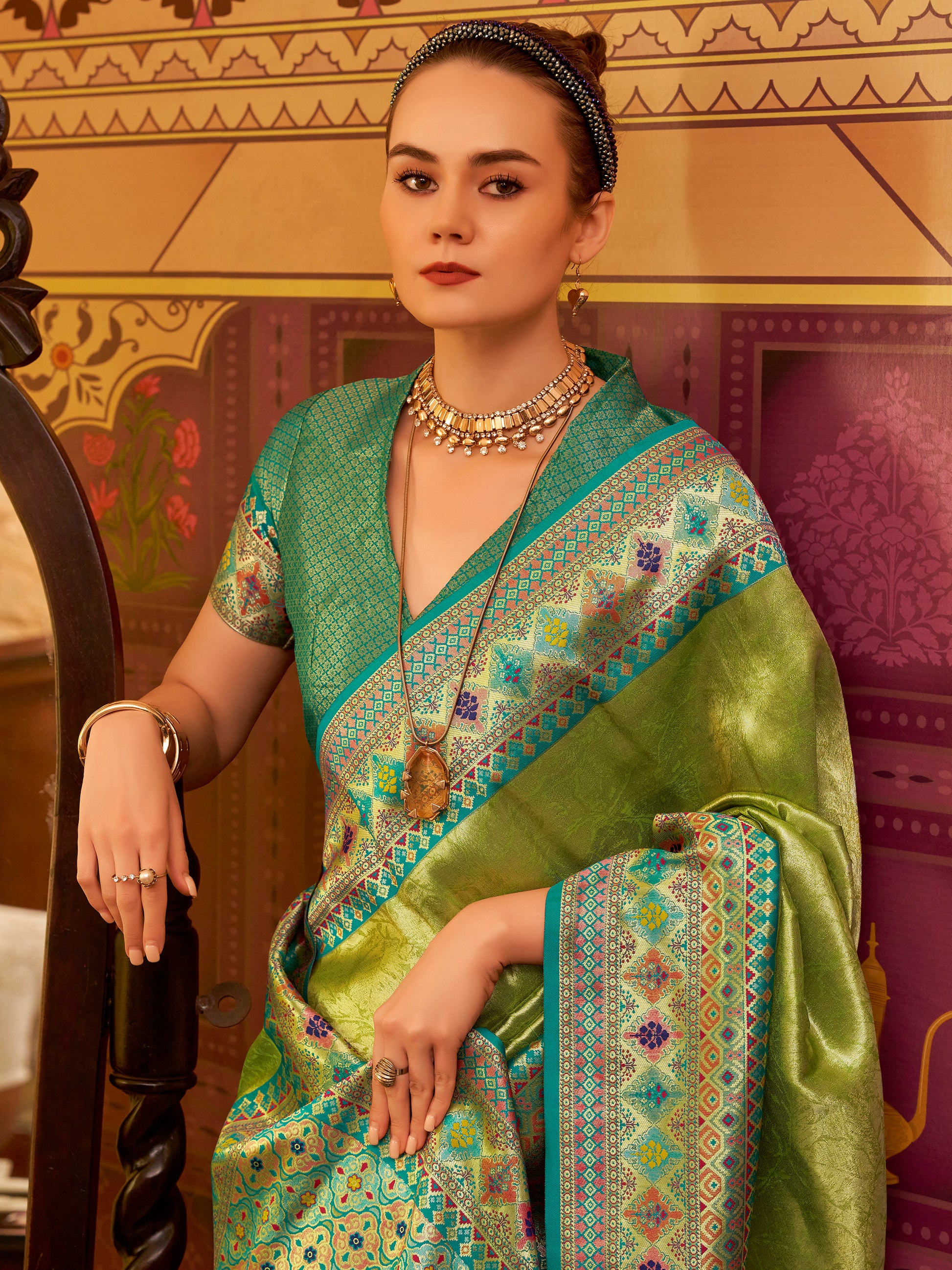 Beautiful Green Zari Weaving Tissue Silk Festive Wear Saree With Blouse