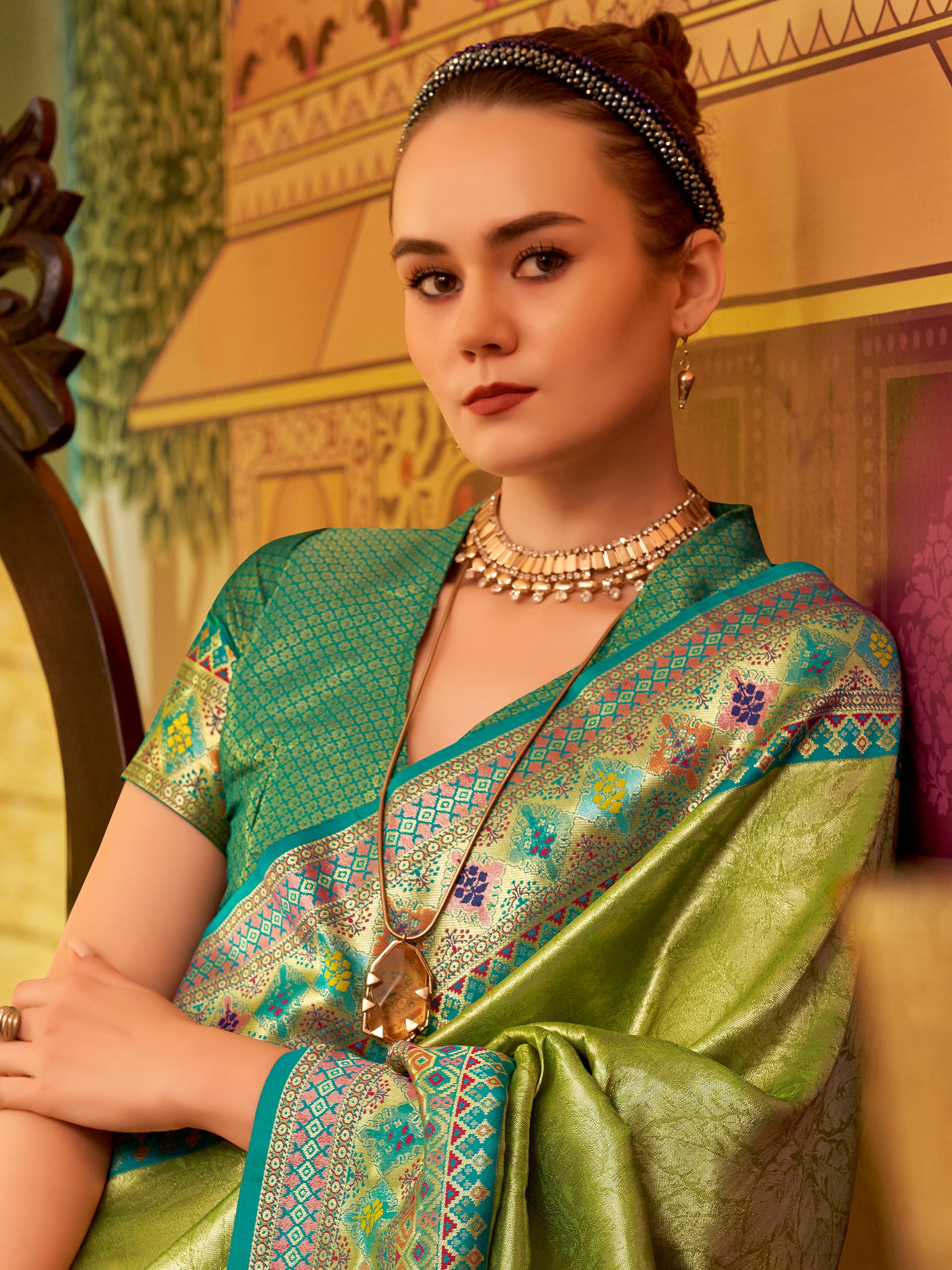 Beautiful Green Zari Weaving Tissue Silk Festive Wear Saree With Blouse