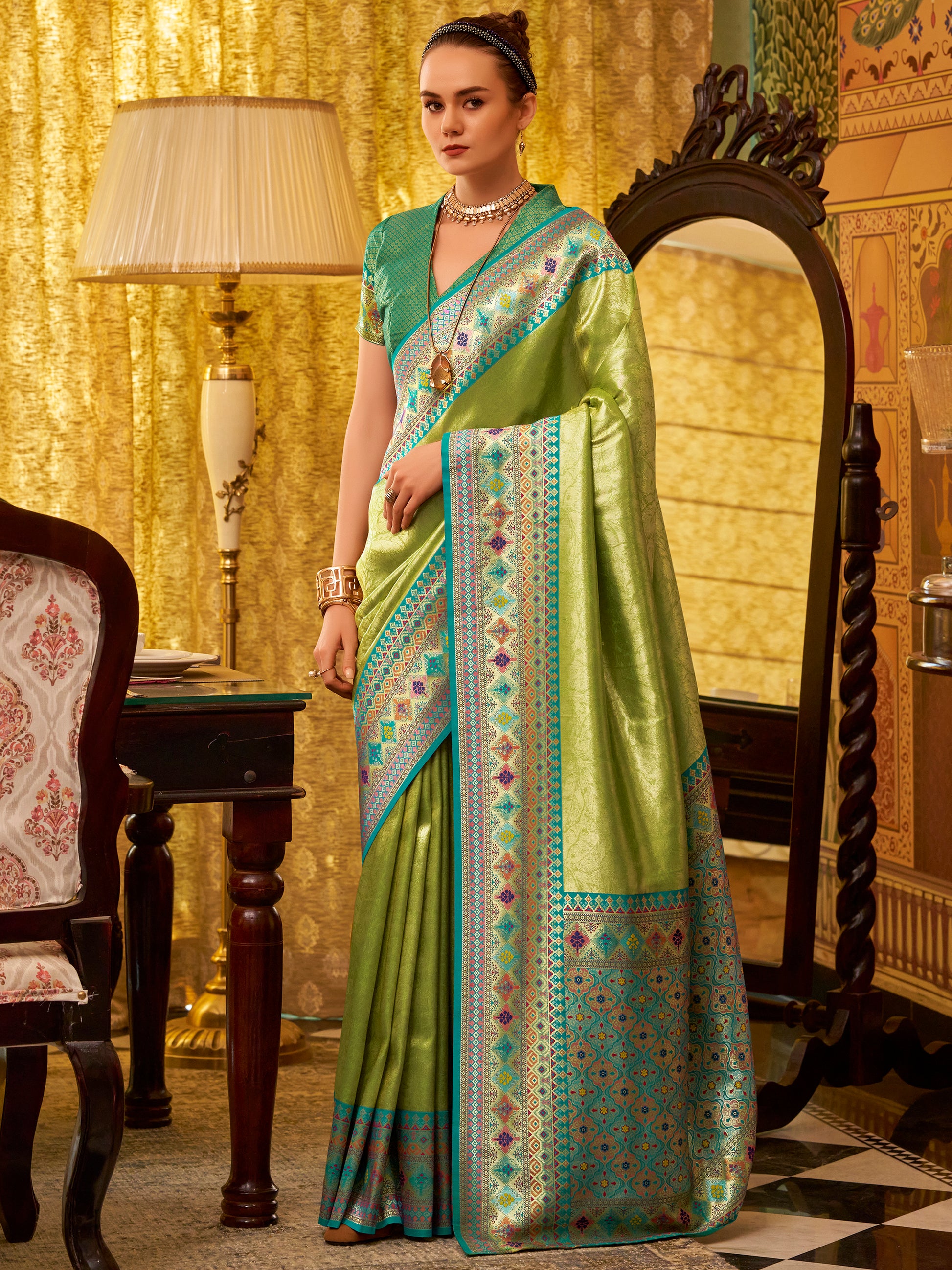 Beautiful Green Zari Weaving Tissue Silk Festive Wear Saree With Blouse