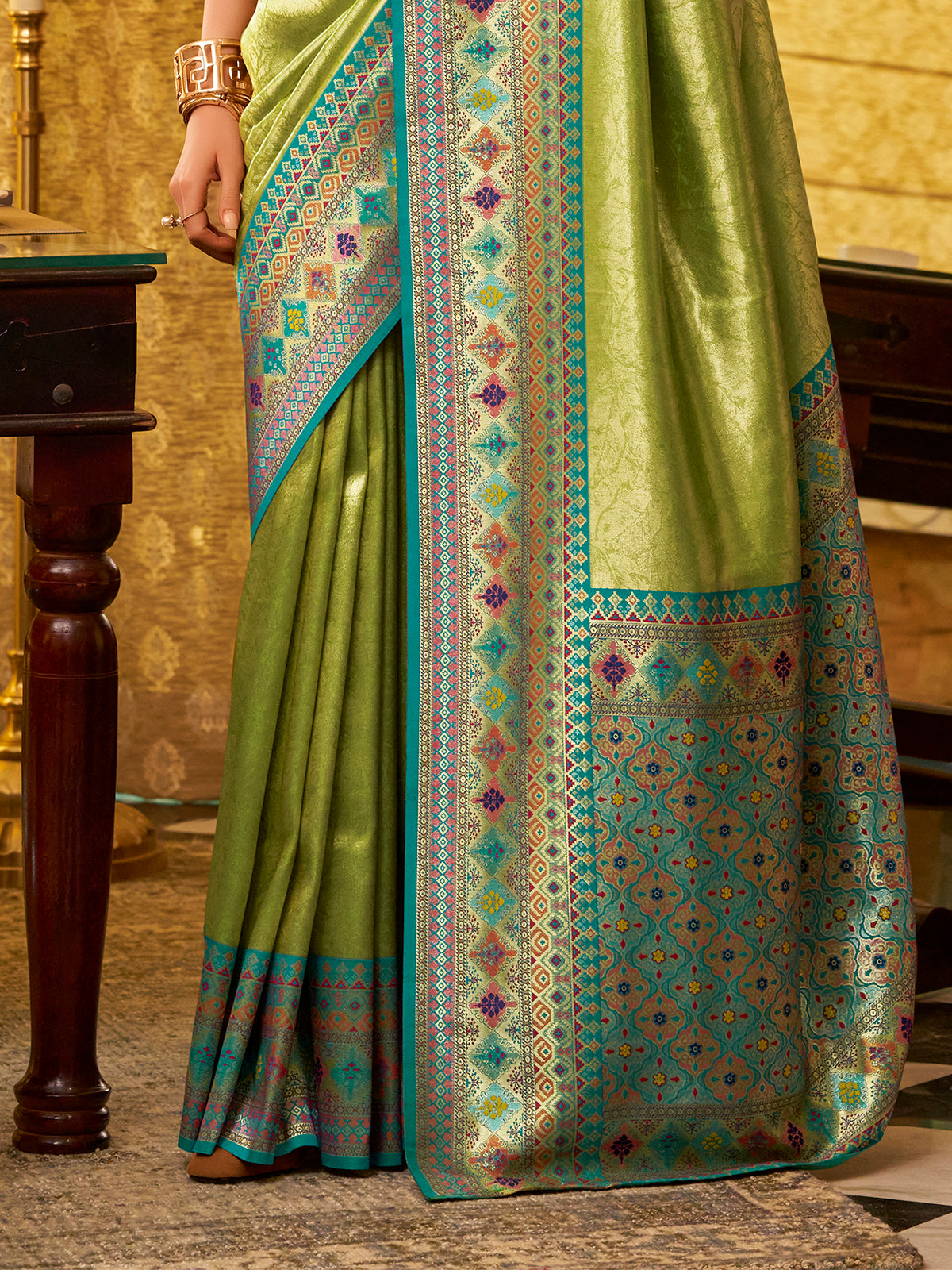 Beautiful Green Zari Weaving Tissue Silk Festive Wear Saree With Blouse