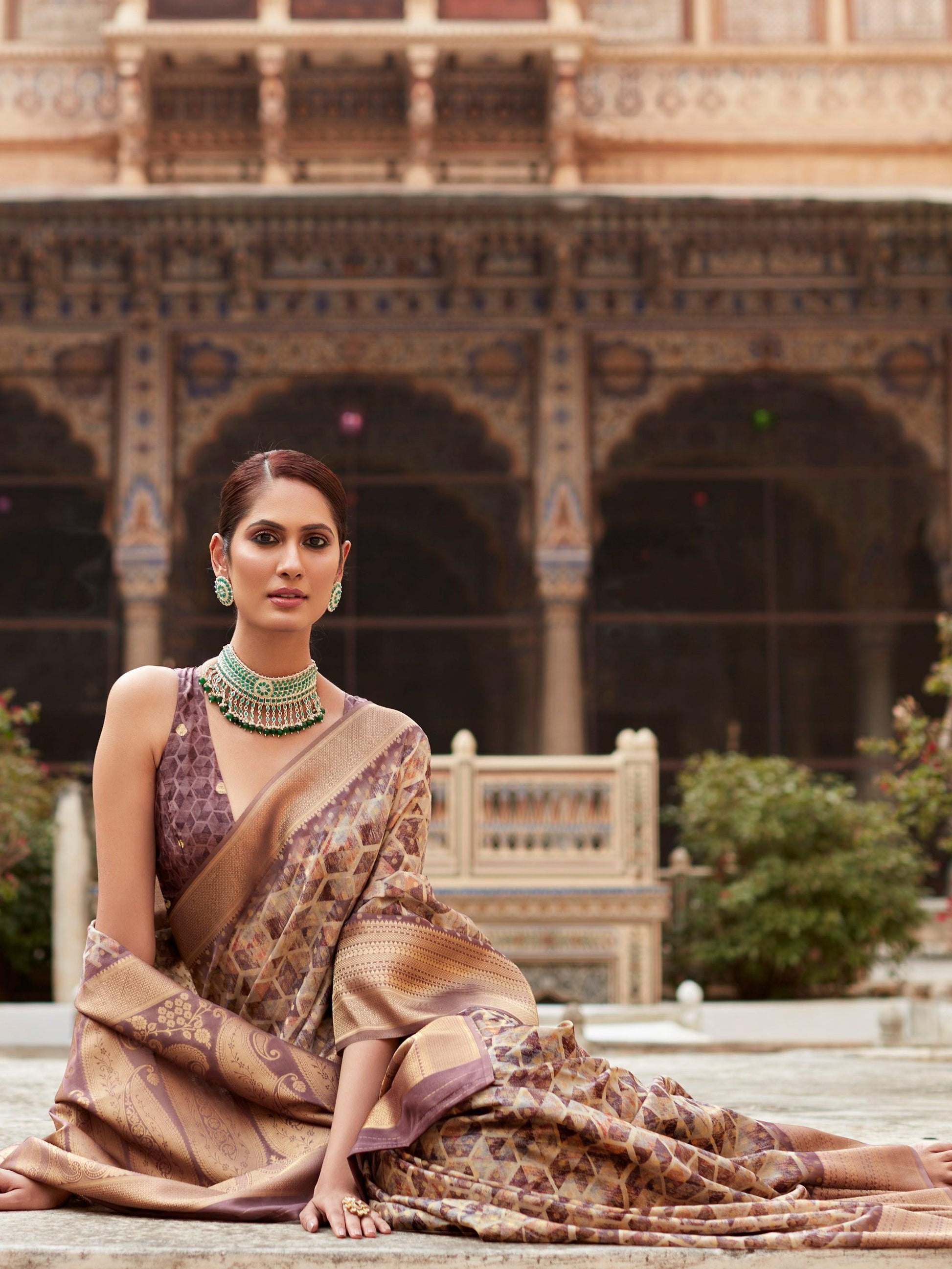 Stunning Brown Printed Tissue Silk Traditional Saree With Blouse