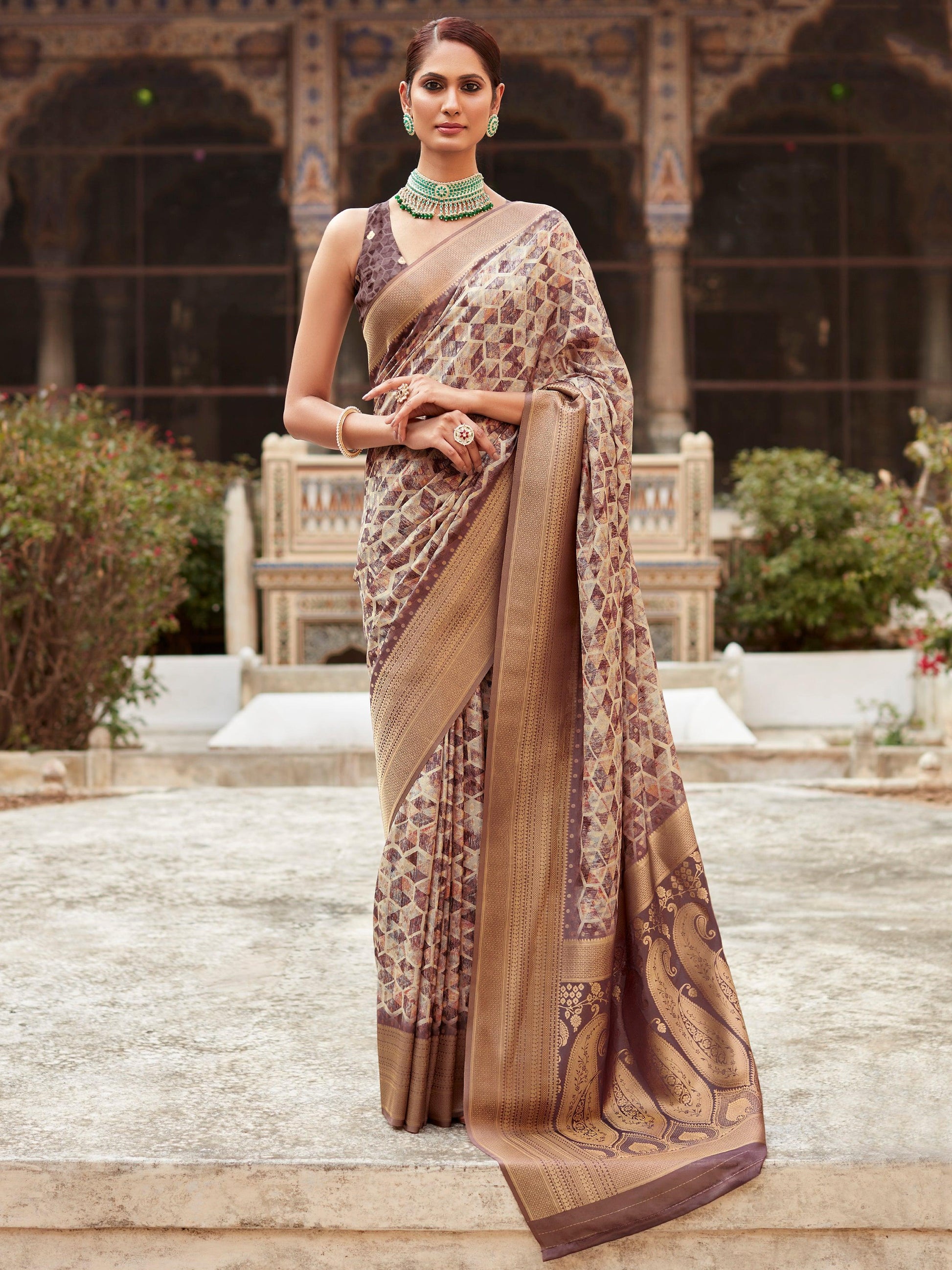 Stunning Brown Printed Tissue Silk Traditional Saree With Blouse