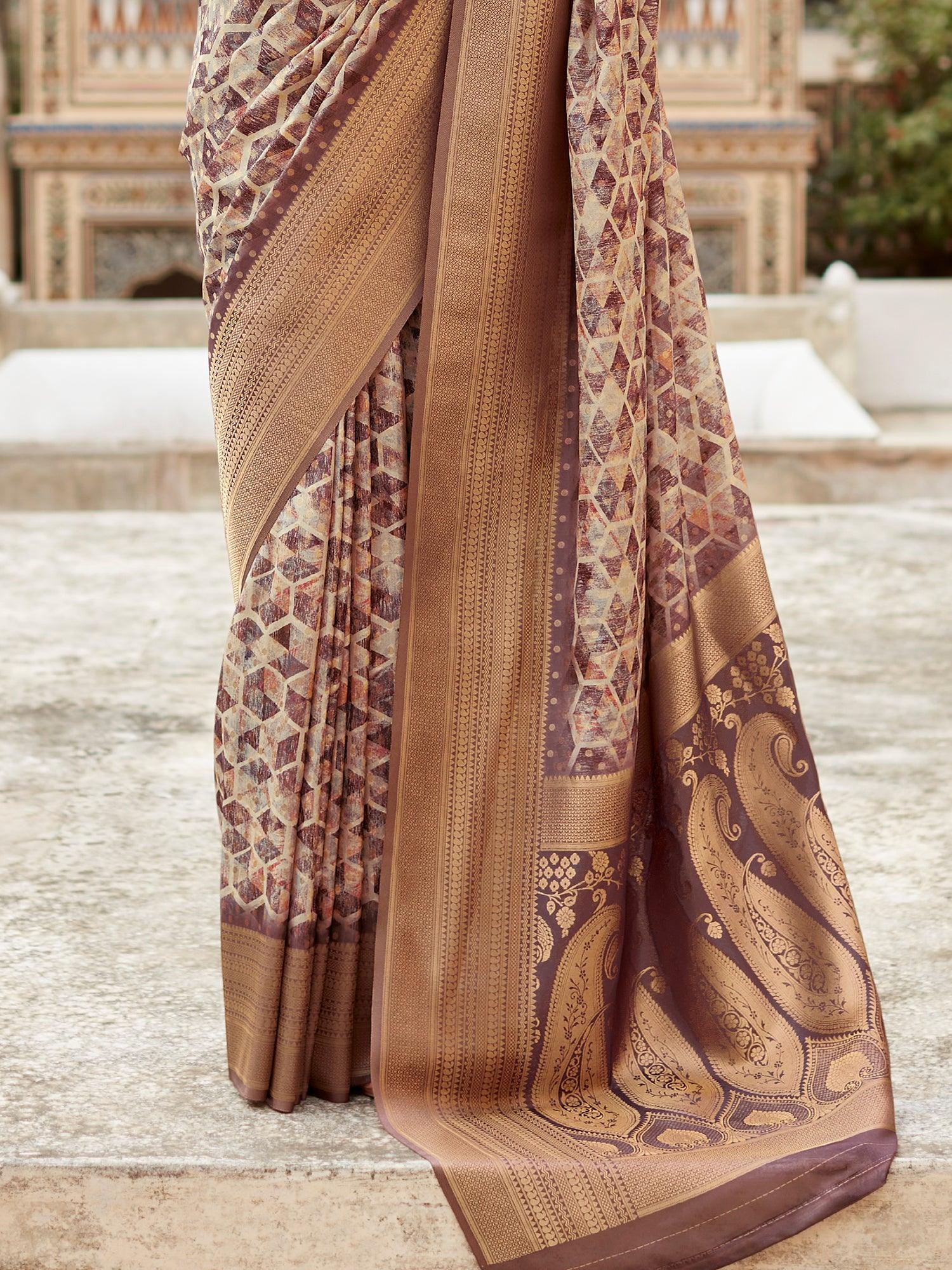 Stunning Brown Printed Tissue Silk Traditional Saree With Blouse