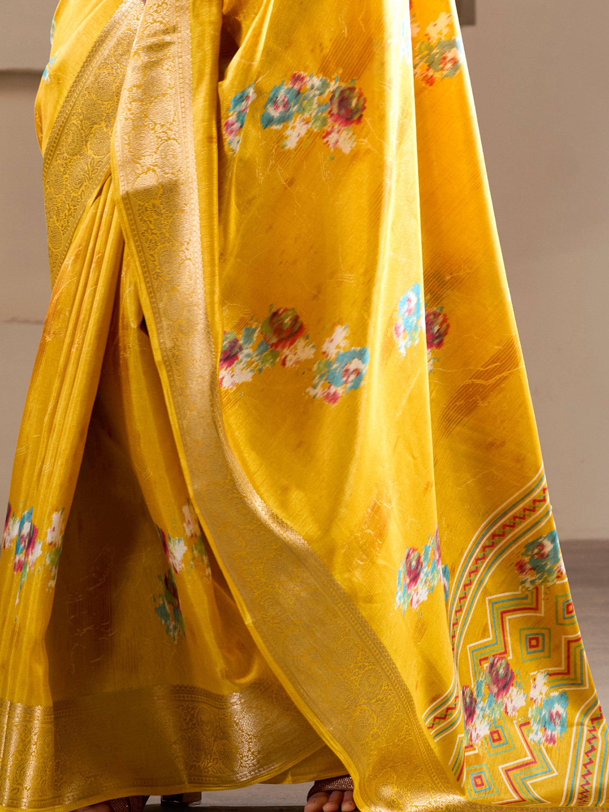 Beautiful Yellow Printed Silk Festival Wear Saree With Blouse