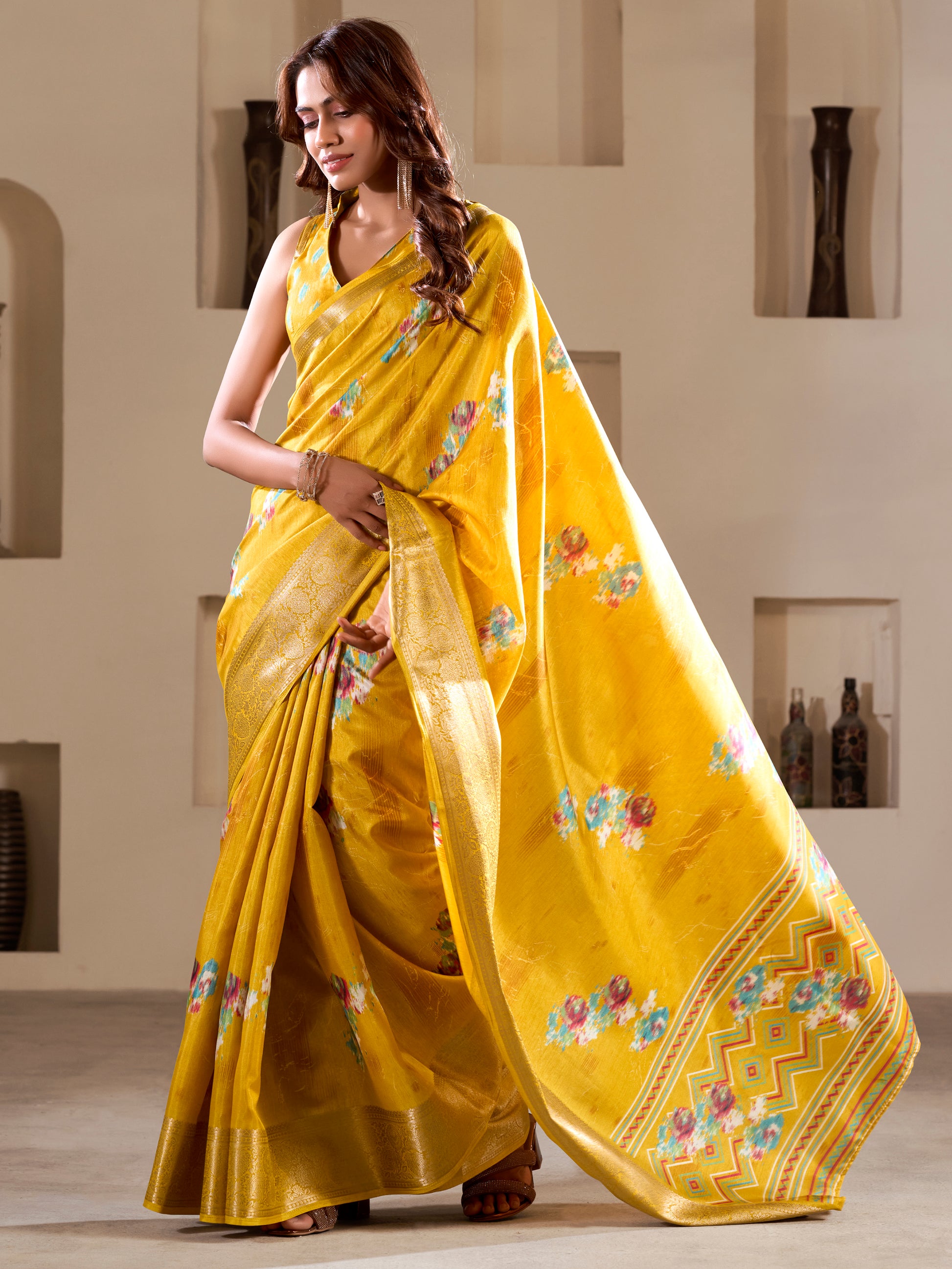 Beautiful Yellow Printed Silk Festival Wear Saree With Blouse