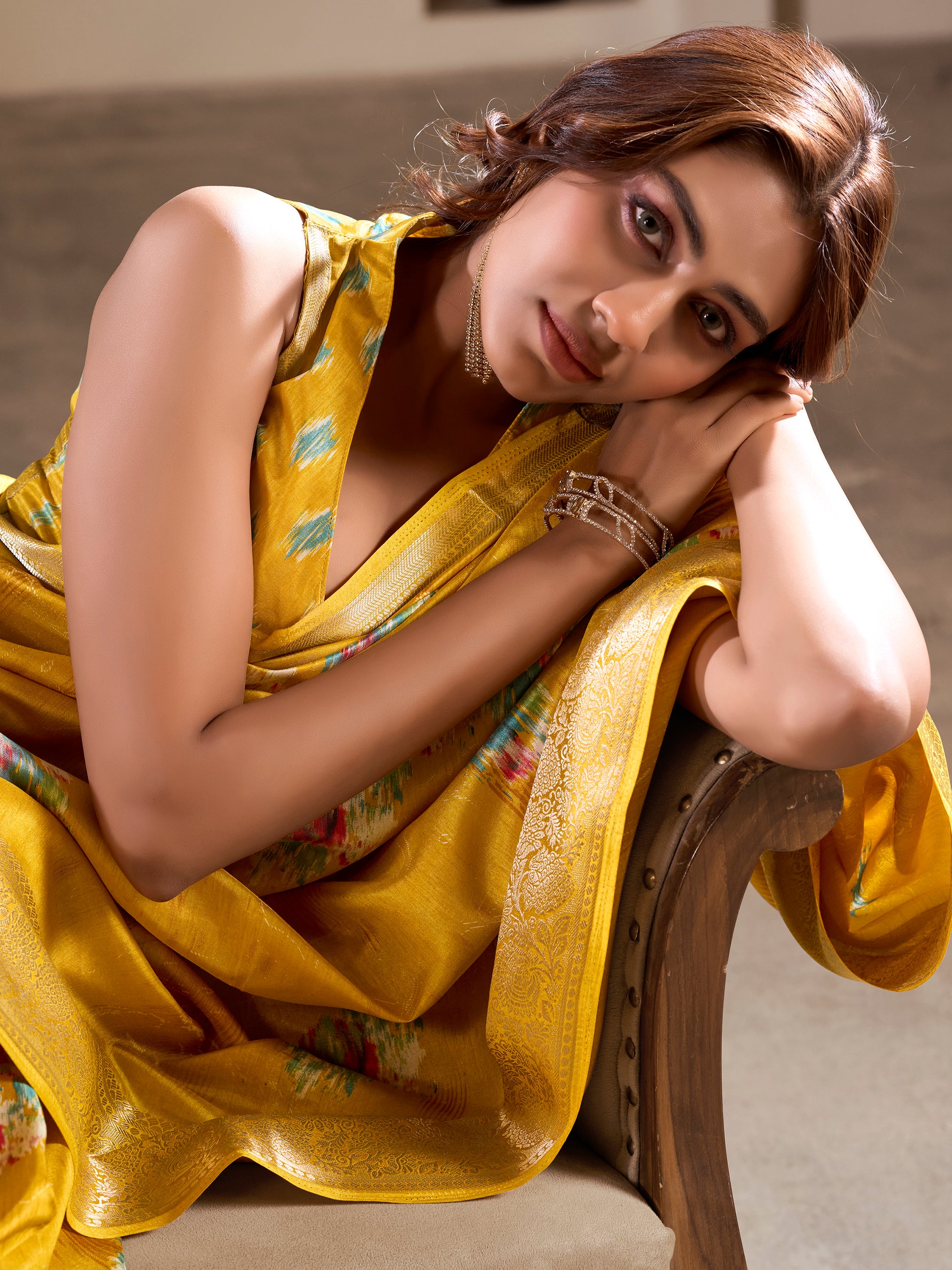 Beautiful Yellow Printed Silk Festival Wear Saree With Blouse