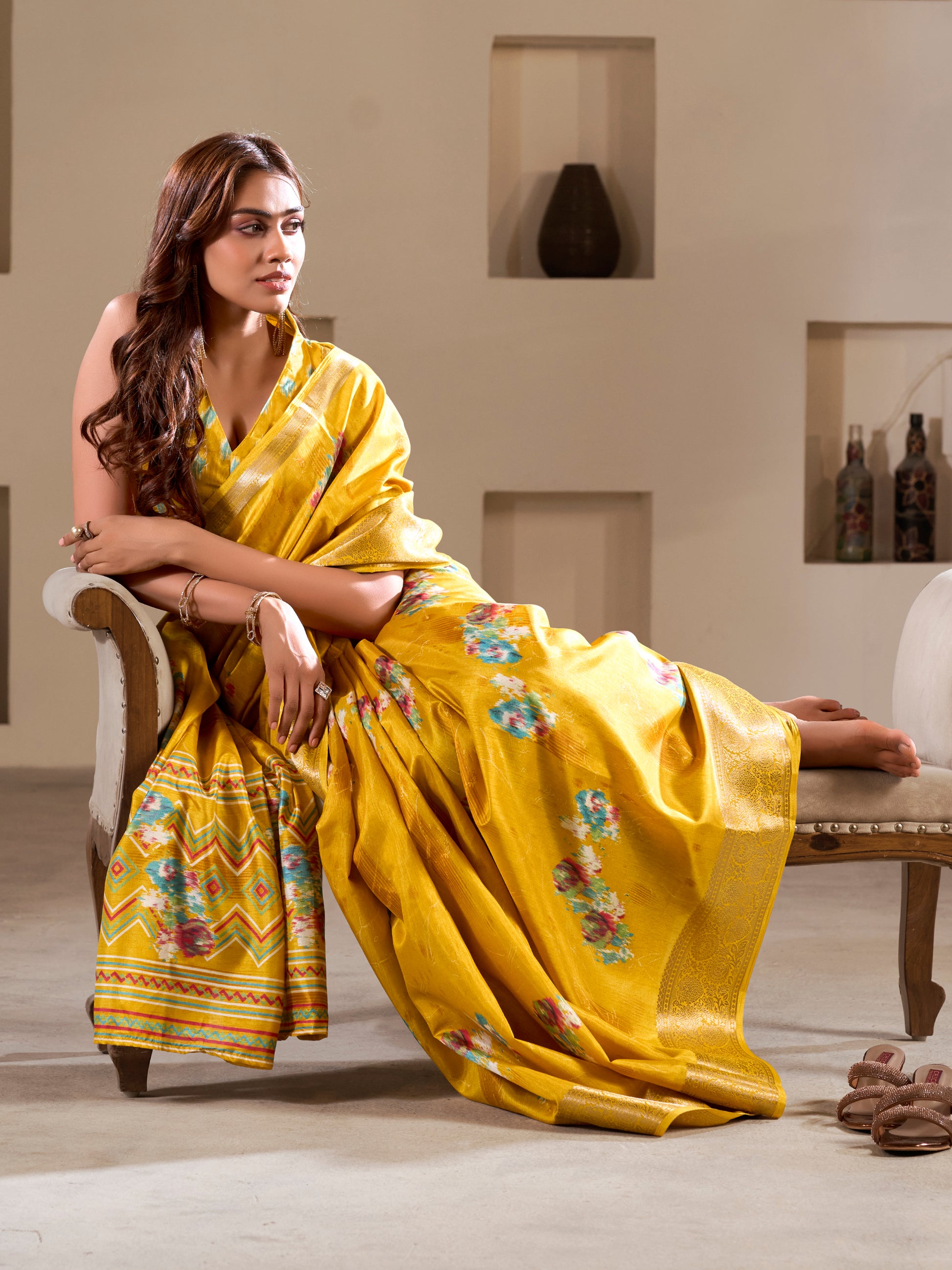 Beautiful Yellow Printed Silk Festival Wear Saree With Blouse