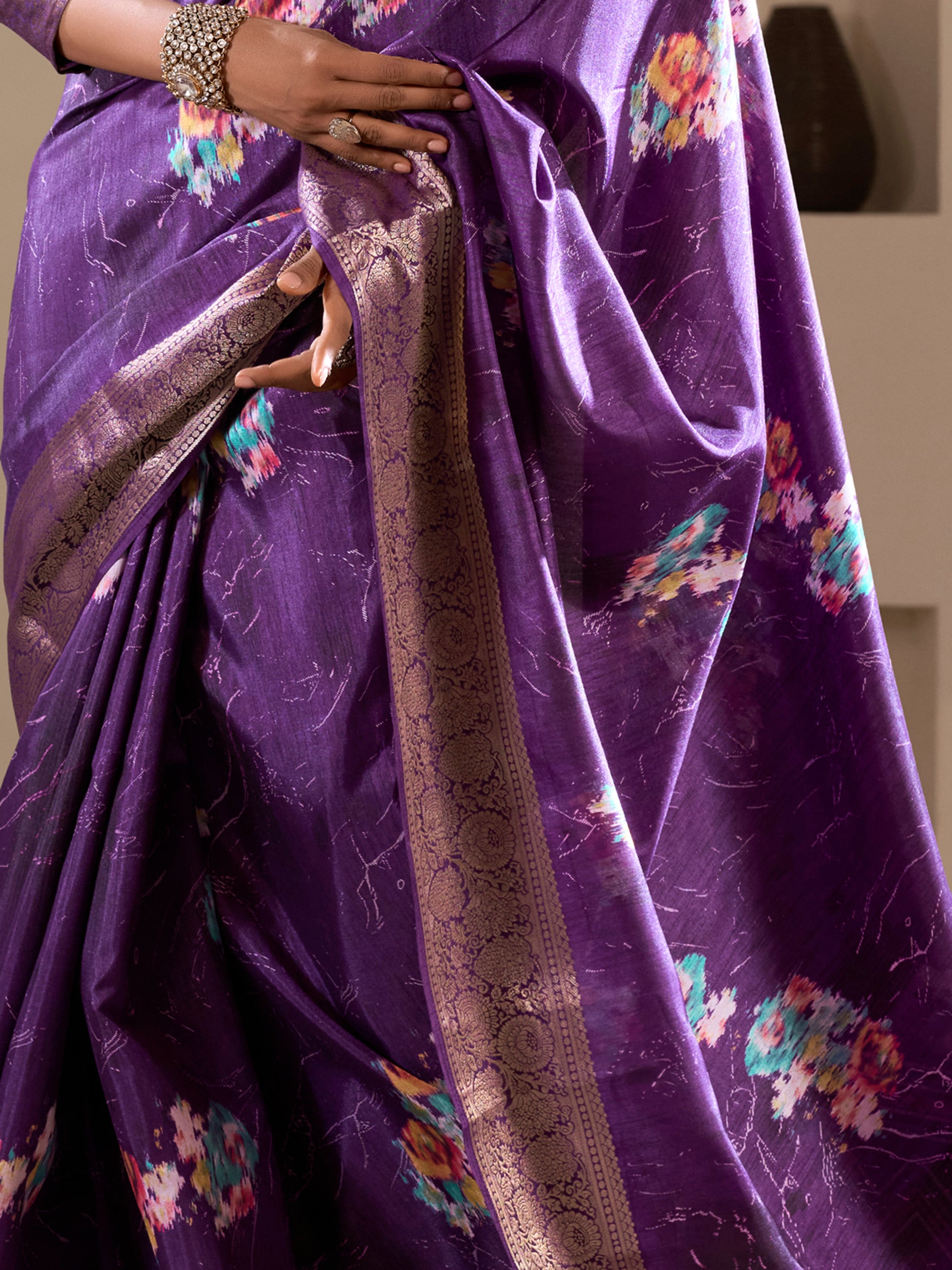 Stunning Purple Printed Silk Event Wear Saree With Blouse
