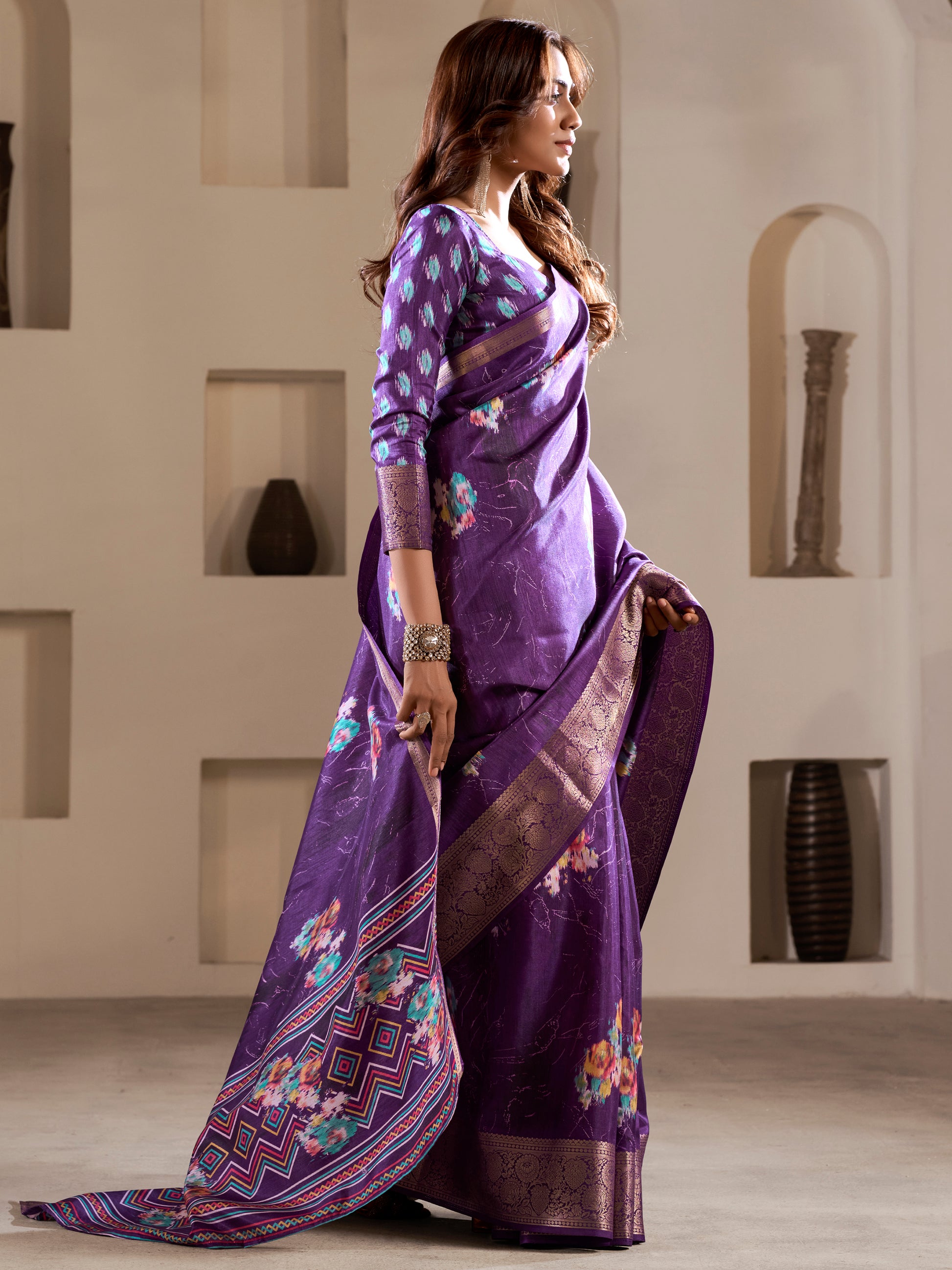 Stunning Purple Printed Silk Event Wear Saree With Blouse