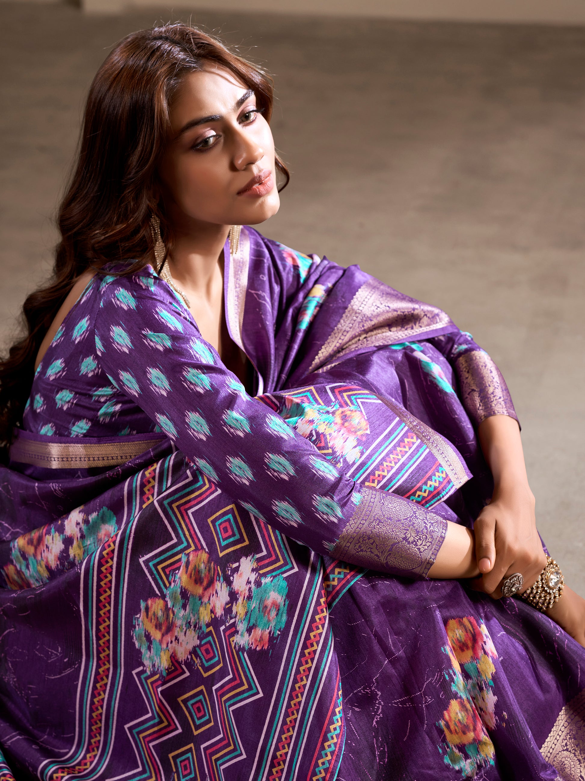 Stunning Purple Printed Silk Event Wear Saree With Blouse