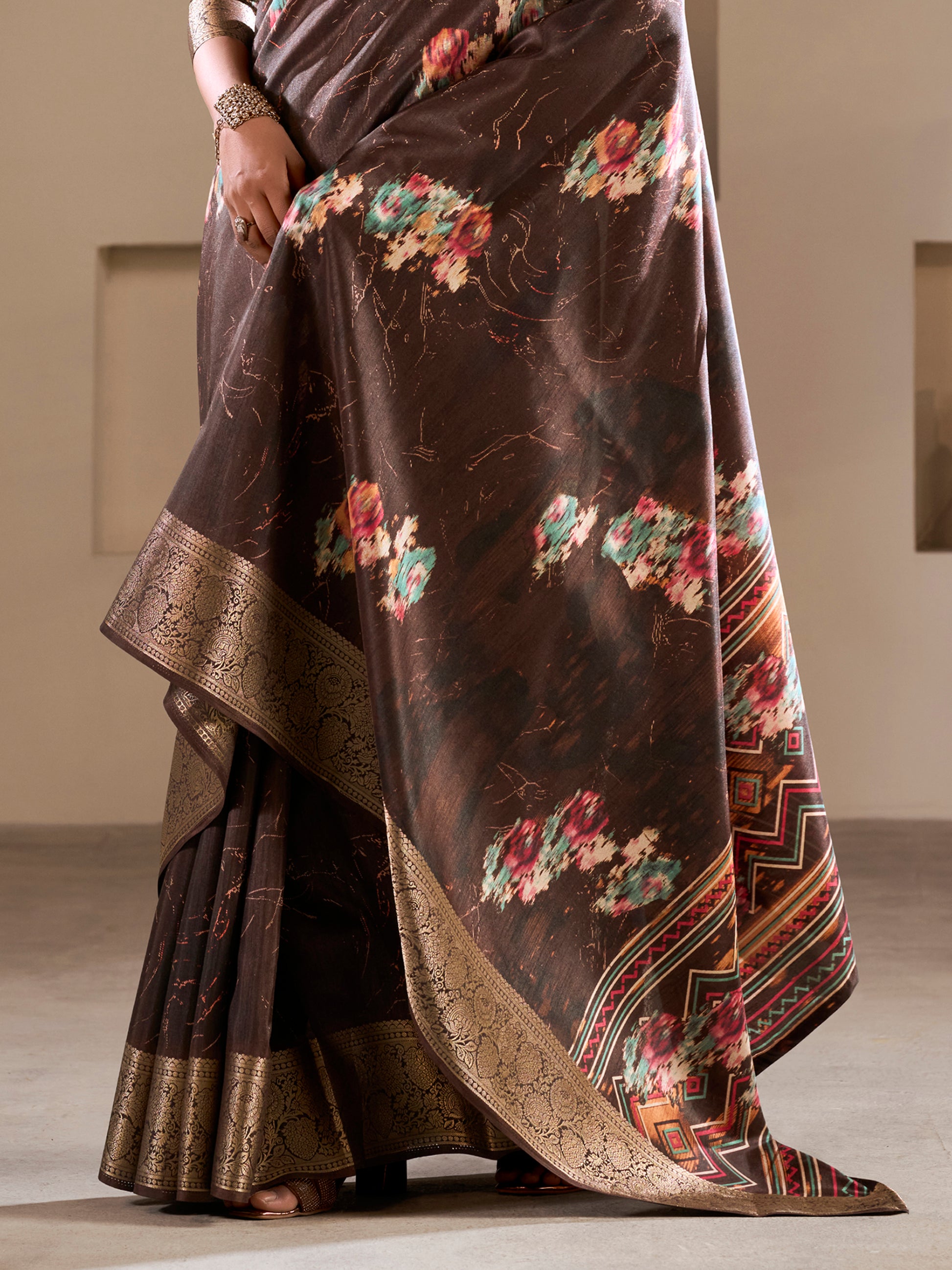 Attractive Brown Printed Silk Festival Wear Saree With Blouse