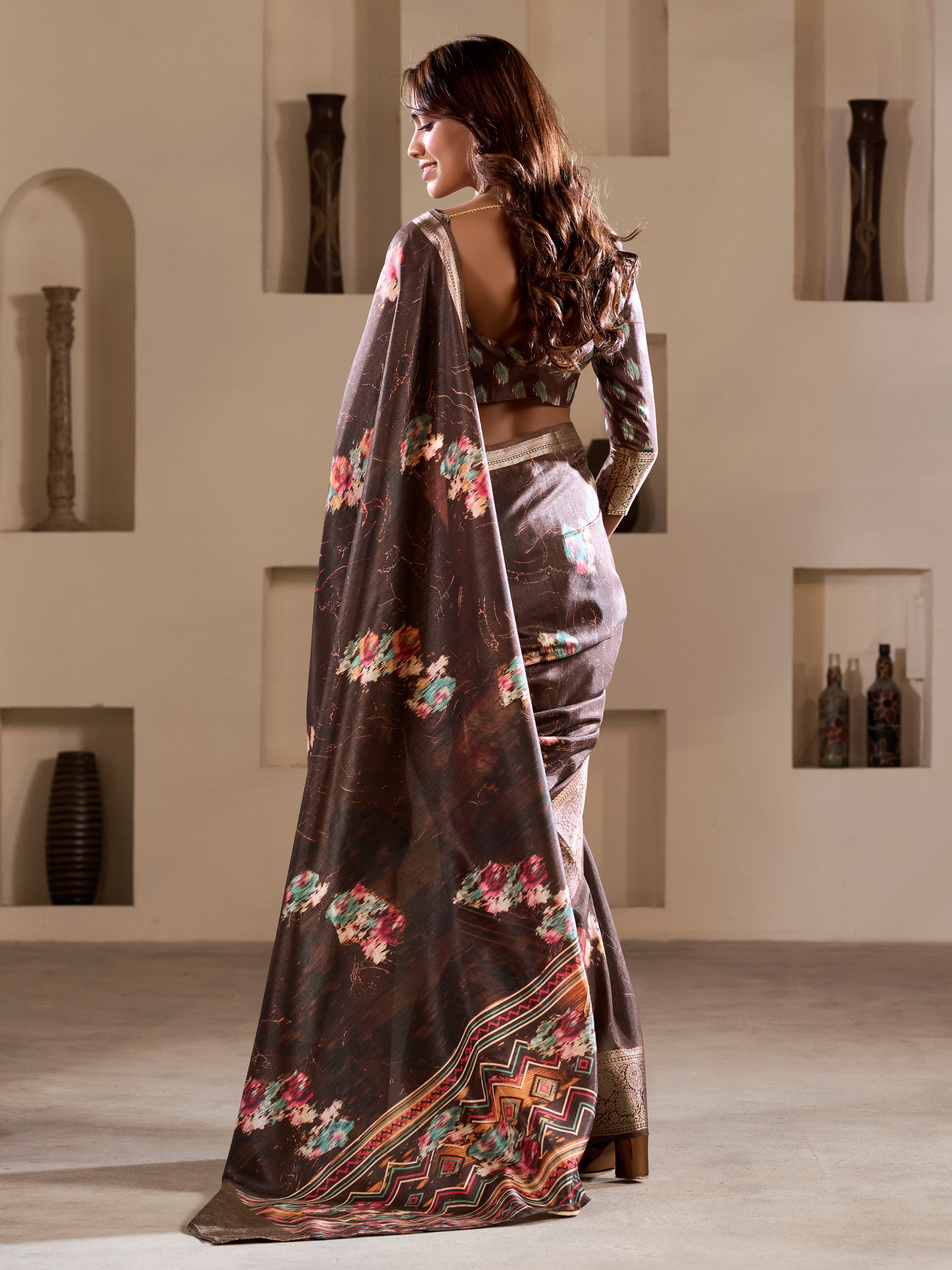 Attractive Brown Printed Silk Festival Wear Saree With Blouse