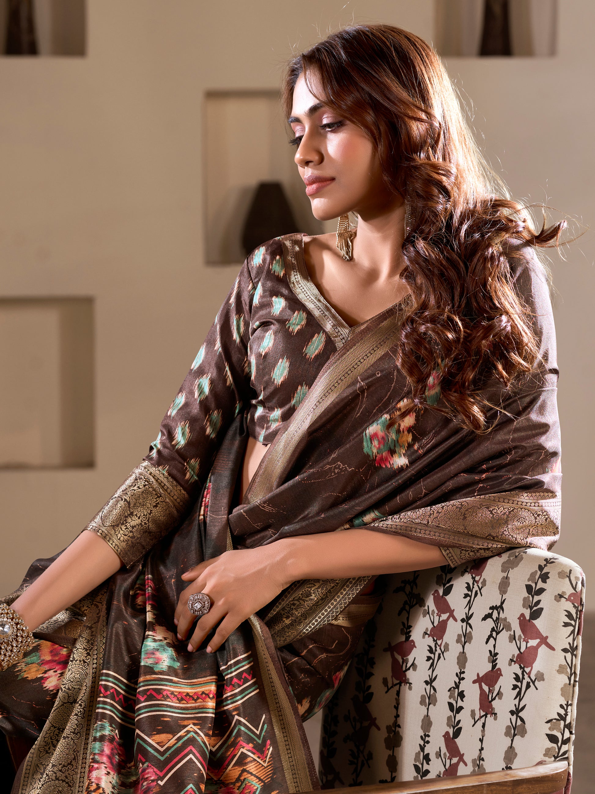 Attractive Brown Printed Silk Festival Wear Saree With Blouse