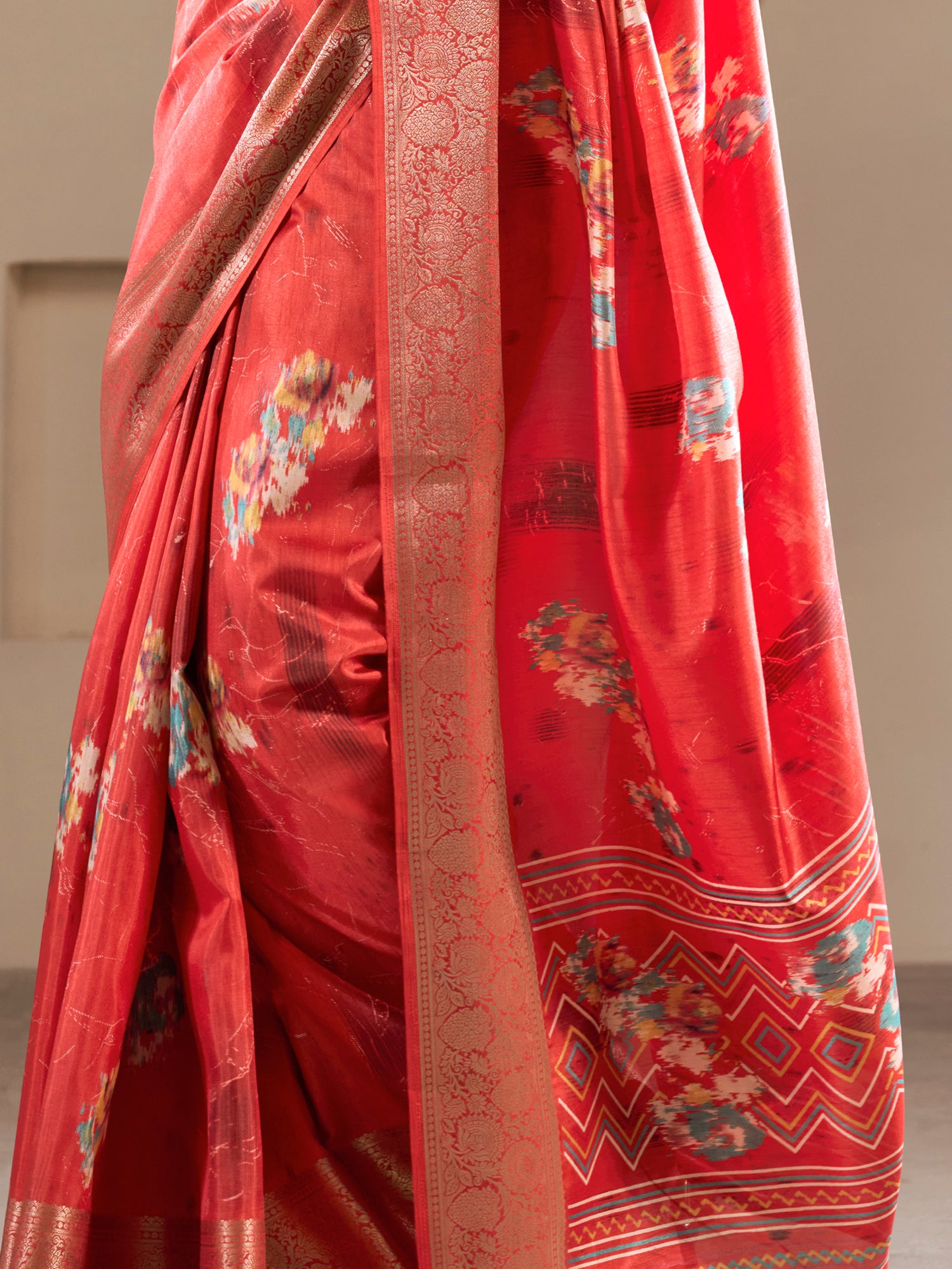 Alluring Coral Red Printed Silk Event Wear Saree With Blouse