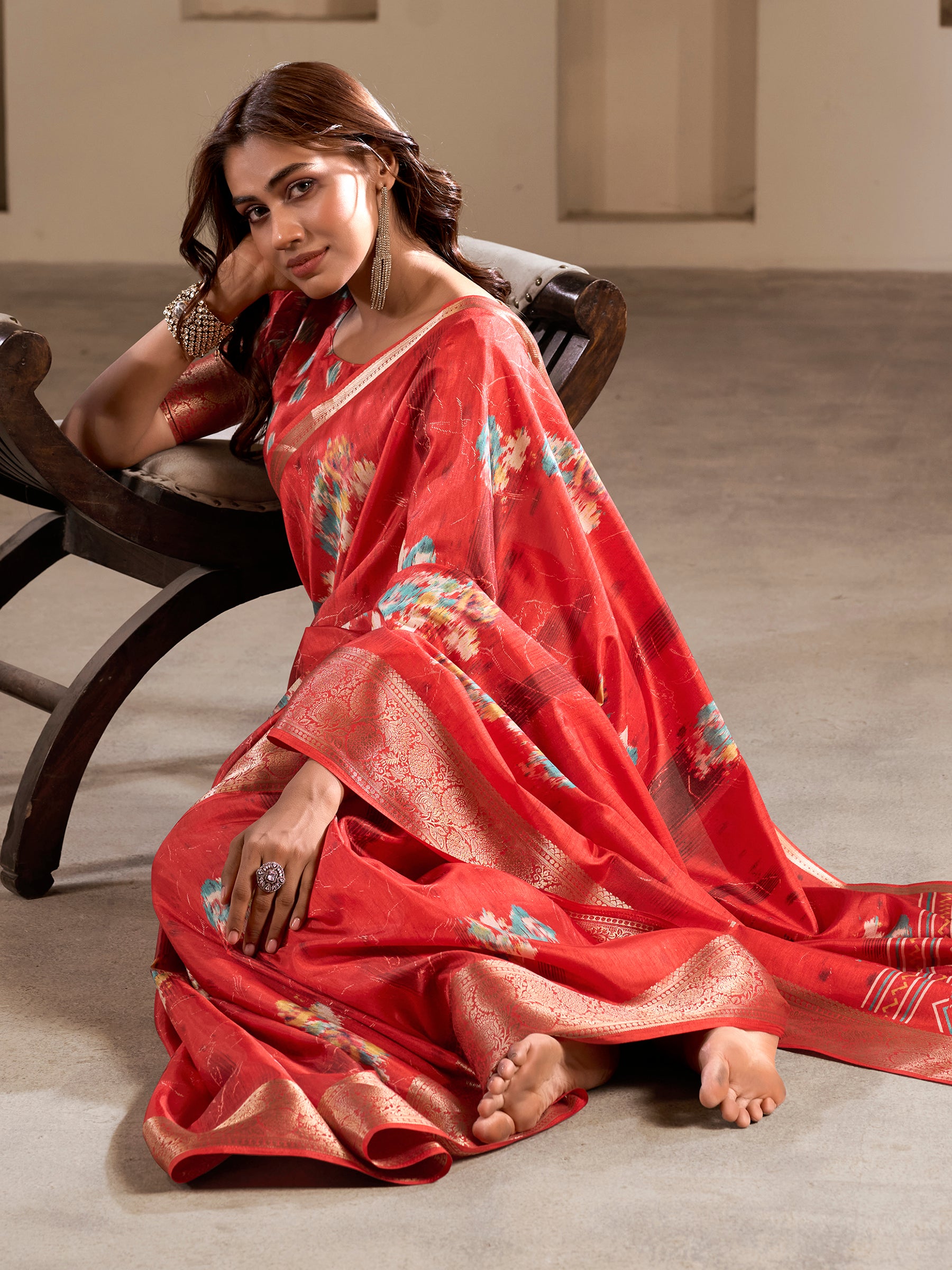 Alluring Coral Red Printed Silk Event Wear Saree With Blouse
