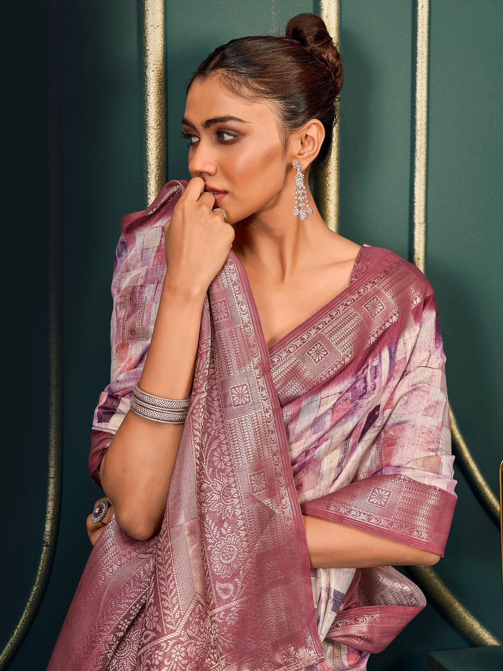 Wonderful Off-White & Dusty Pink Printed Cotton Traditional Saree