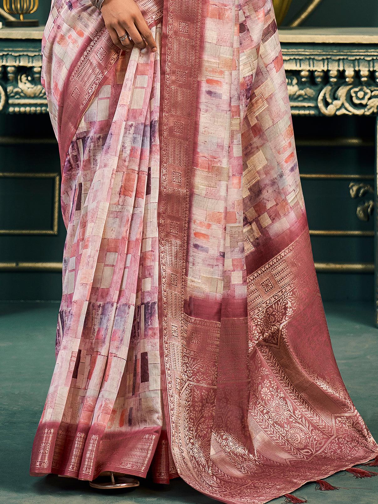 Wonderful Off-White & Dusty Pink Printed Cotton Traditional Saree