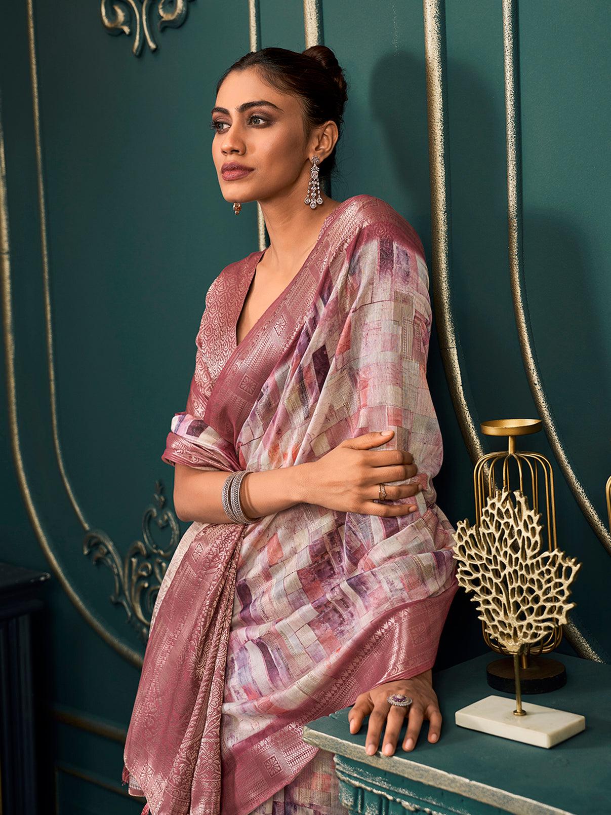 Wonderful Off-White & Dusty Pink Printed Cotton Traditional Saree