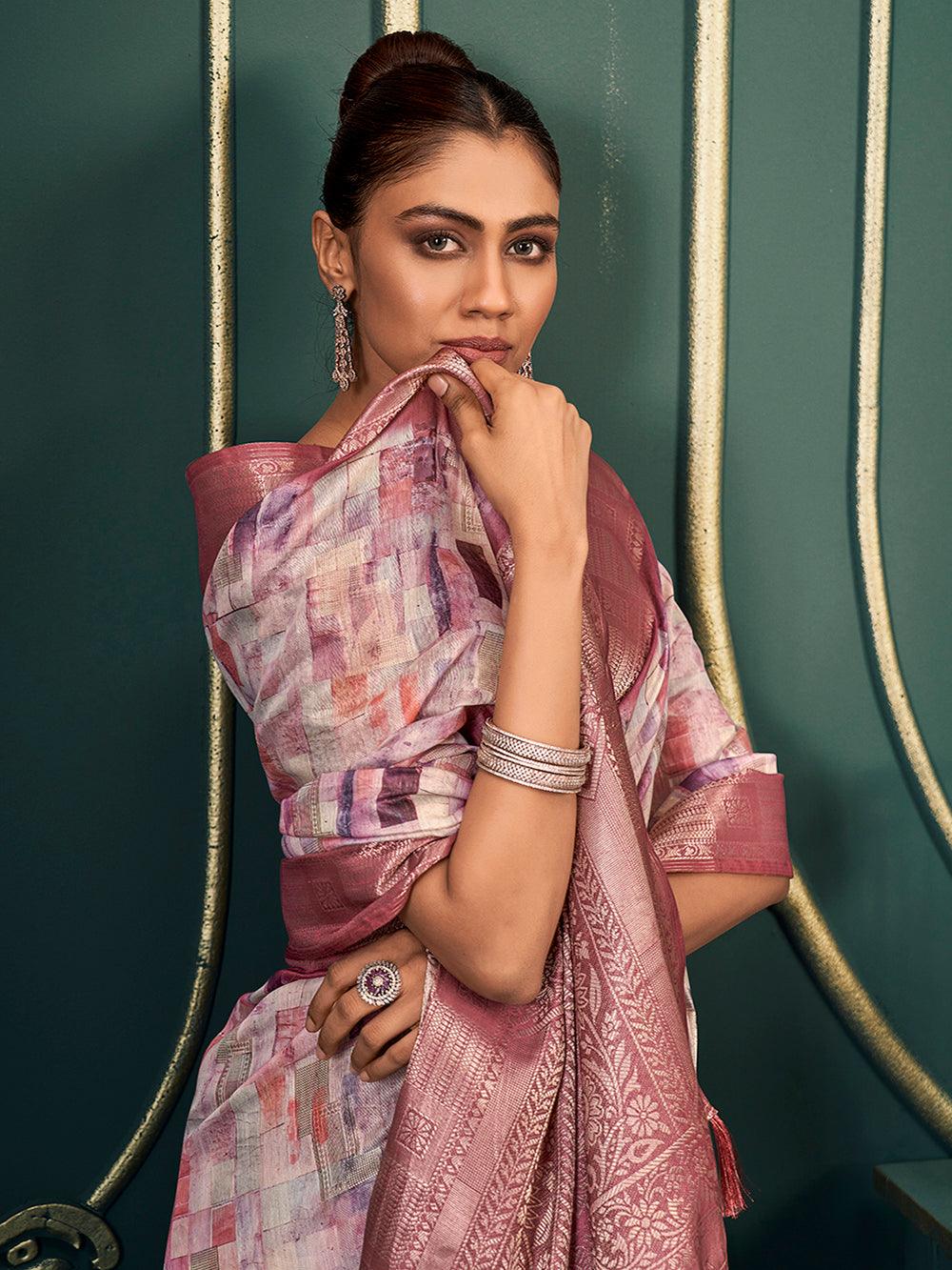 Wonderful Off-White & Dusty Pink Printed Cotton Traditional Saree