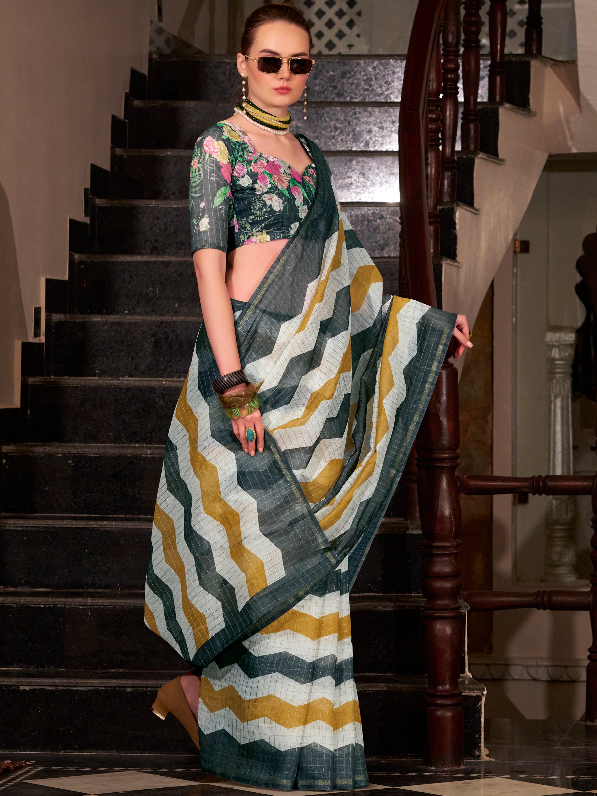 Stunning Multi-Color Floral Printed Cotton Casual Wear Saree