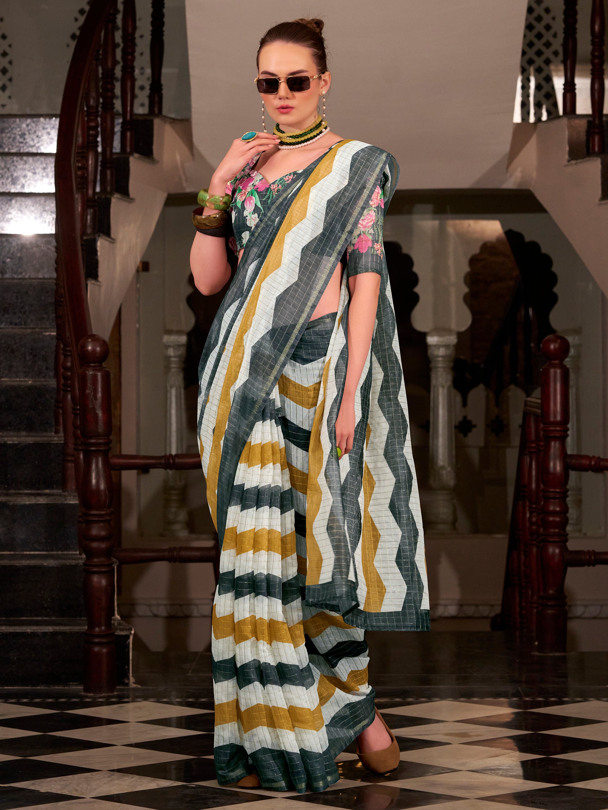Stunning Multi-Color Floral Printed Cotton Casual Wear Saree