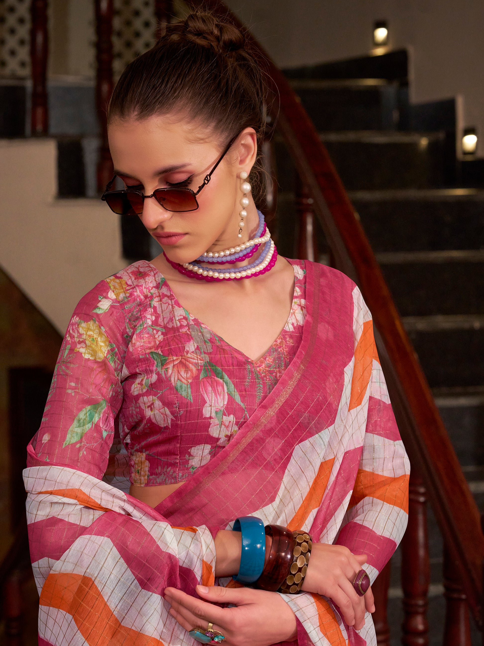 Alluring Pink Floral Printed Cotton Casual Wear Saree With Blouse