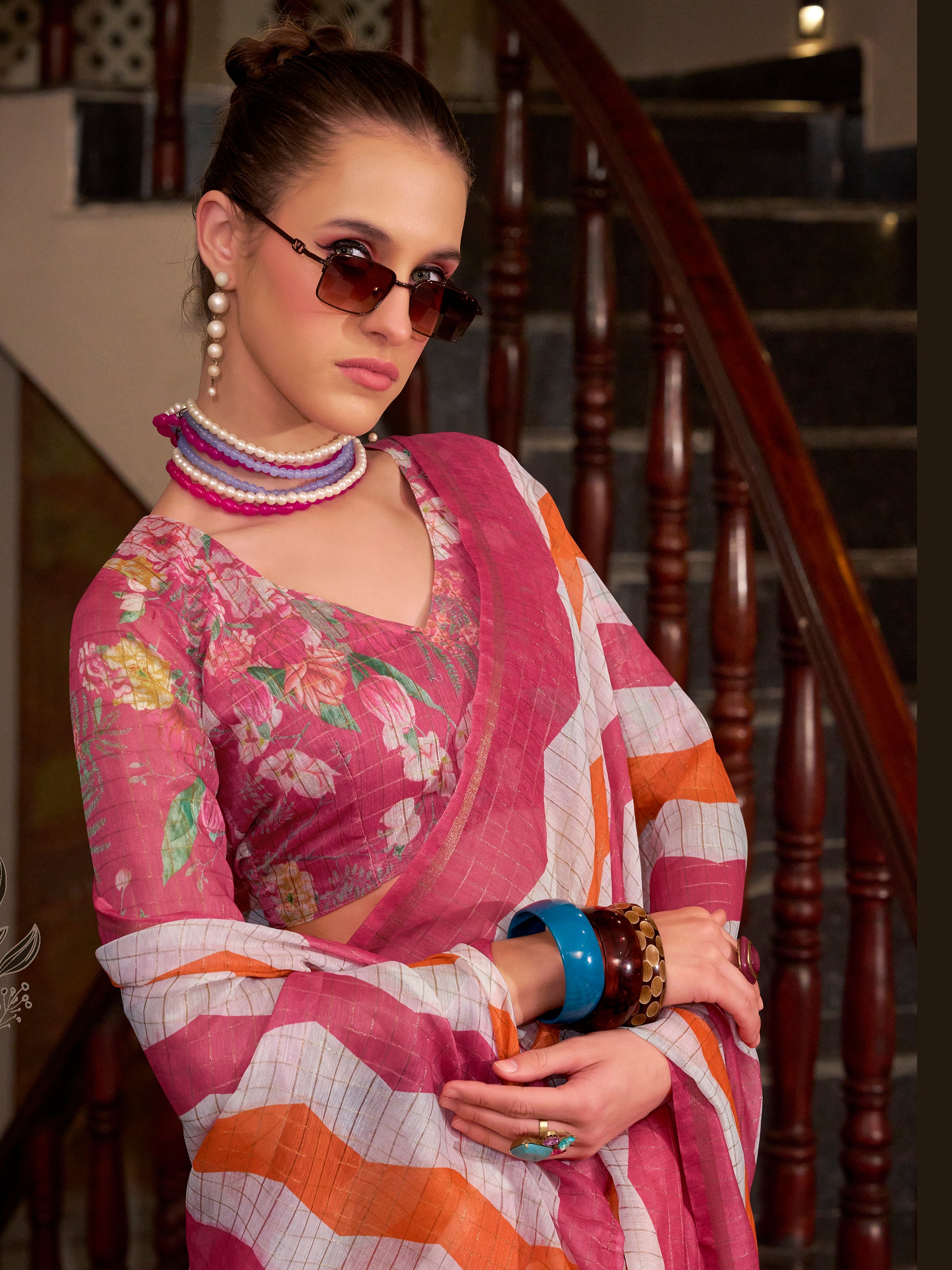 Alluring Pink Floral Printed Cotton Casual Wear Saree With Blouse