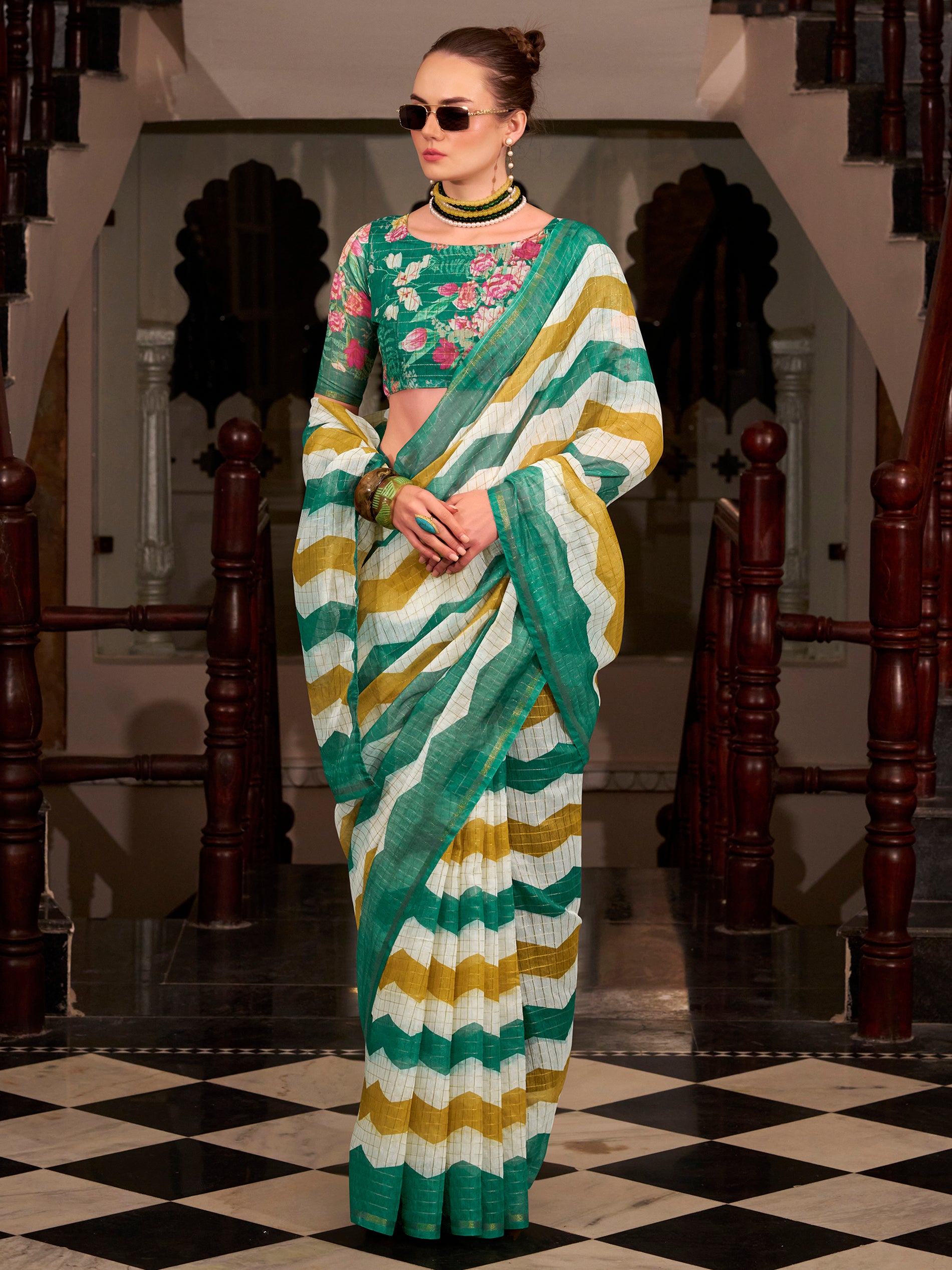 Amazing Green Floral Printed Cotton Office Wear Saree With Blouse