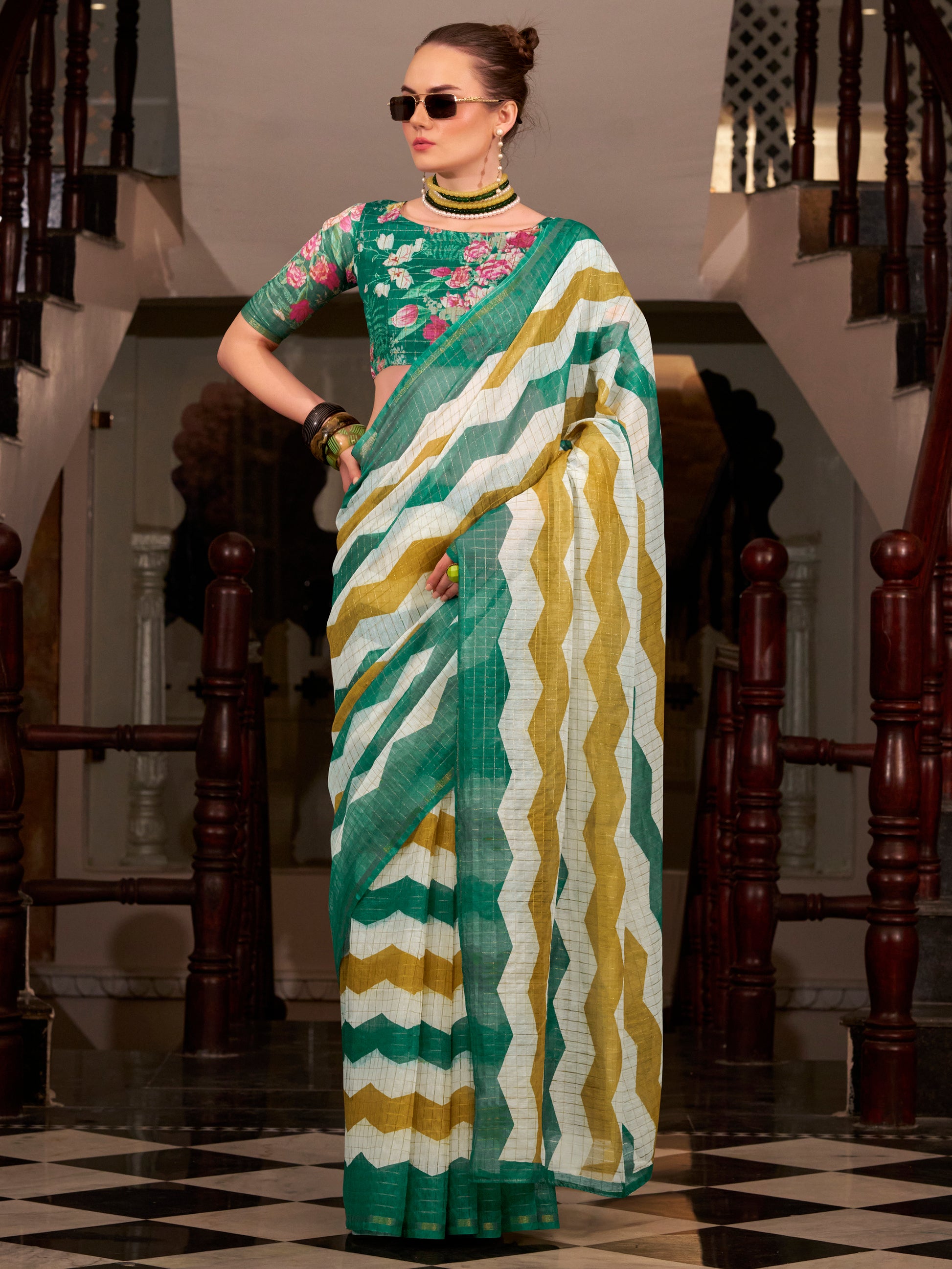 Amazing Green Floral Printed Cotton Office Wear Saree With Blouse