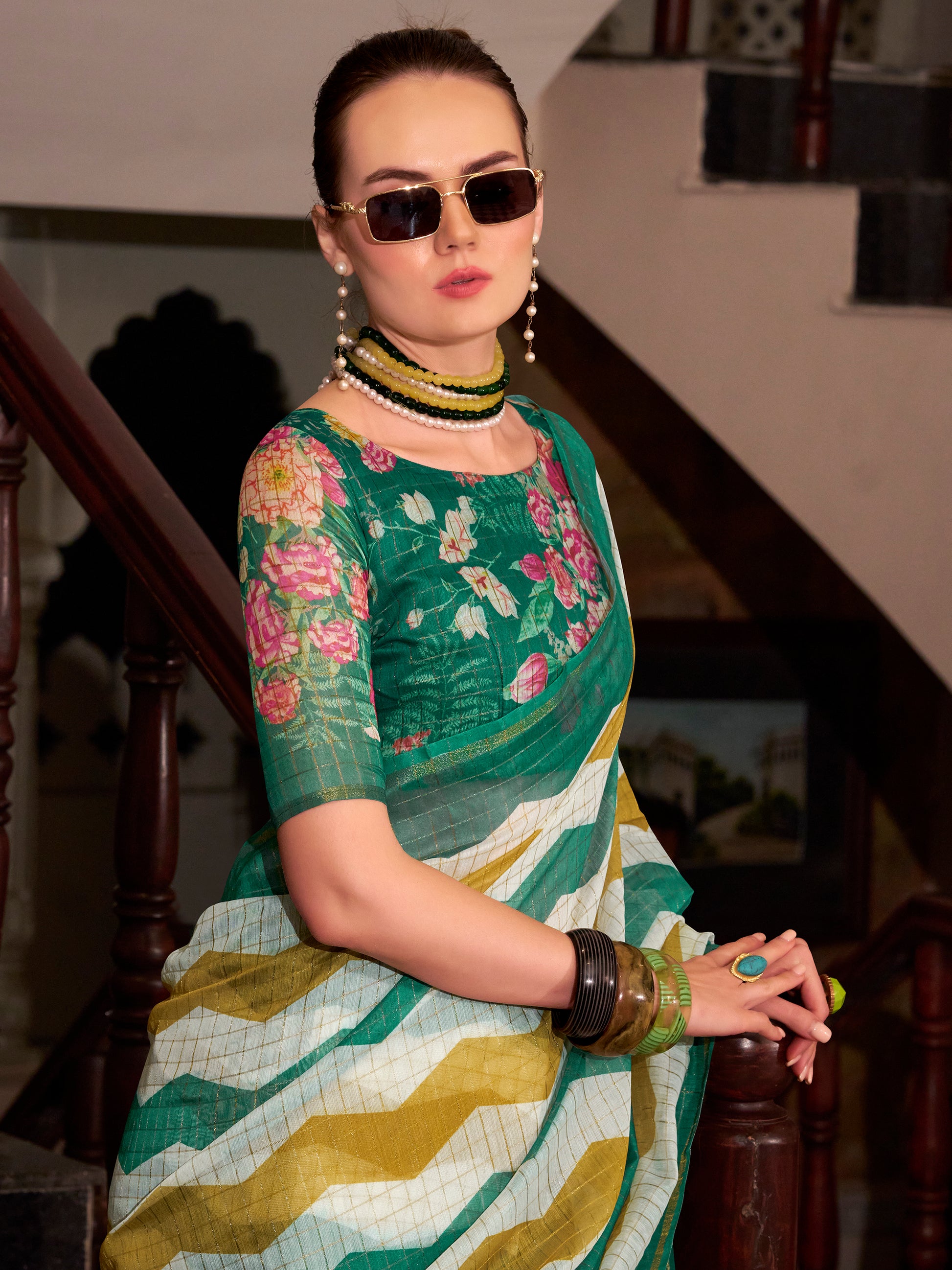Amazing Green Floral Printed Cotton Office Wear Saree With Blouse
