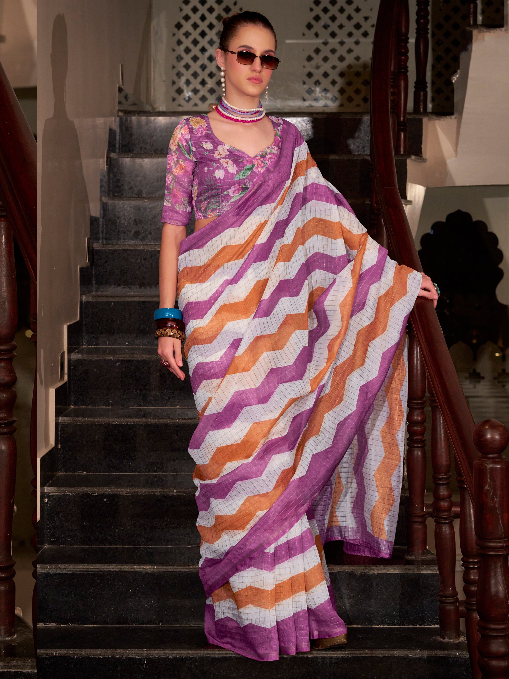 Charming Purple Floral Printed Linen Cotton Saree With Blouse