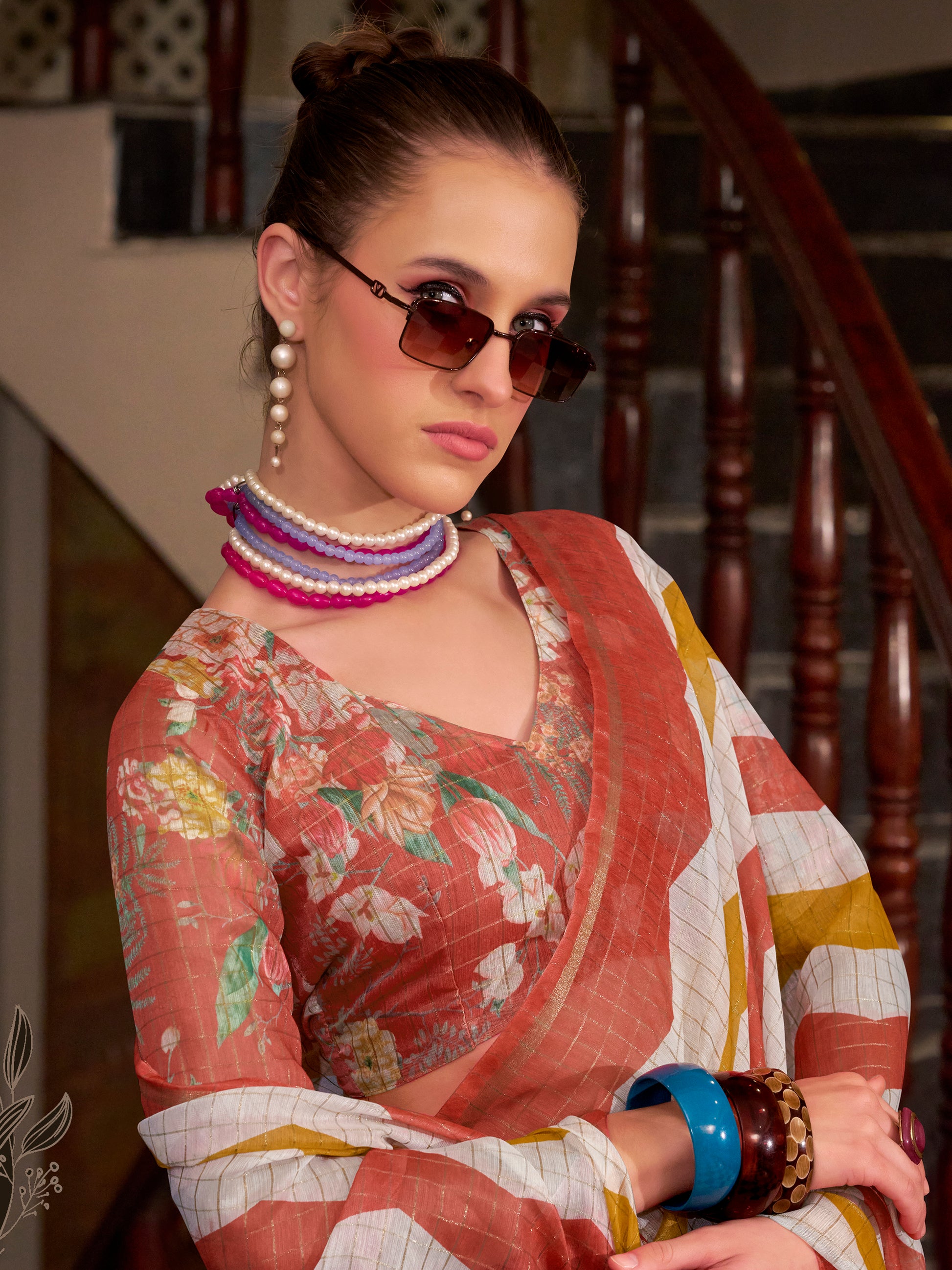 Spectacular Orange Printed Cotton Saree With Floral Printed Blouse